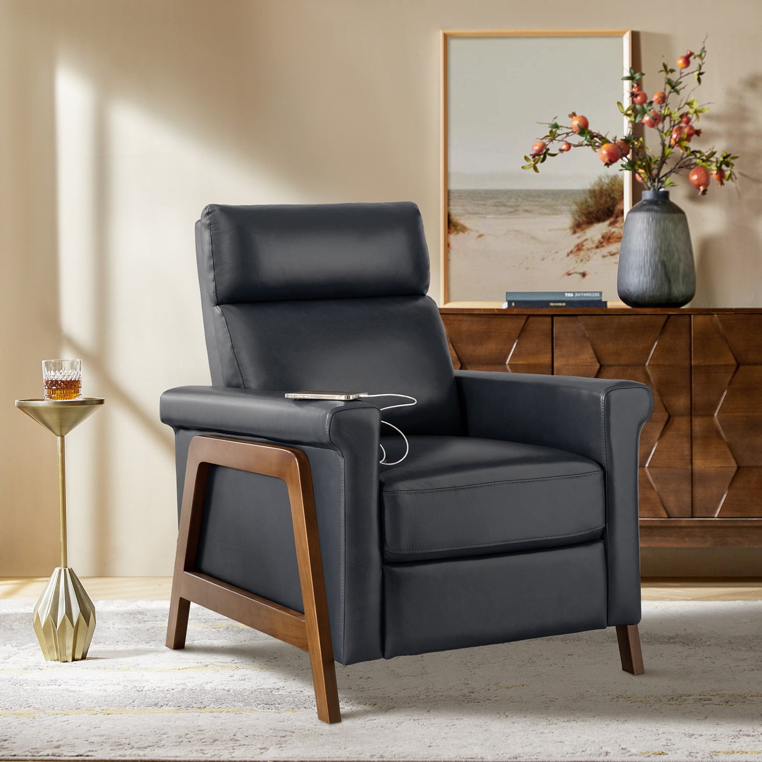 Premium Genuine Leather Power Recliner with Solid Wood Frame - Electric Massage Chair for Living Room, Home Theater & Office - Comfortable Modern Reclining Sofa with USB Charger
