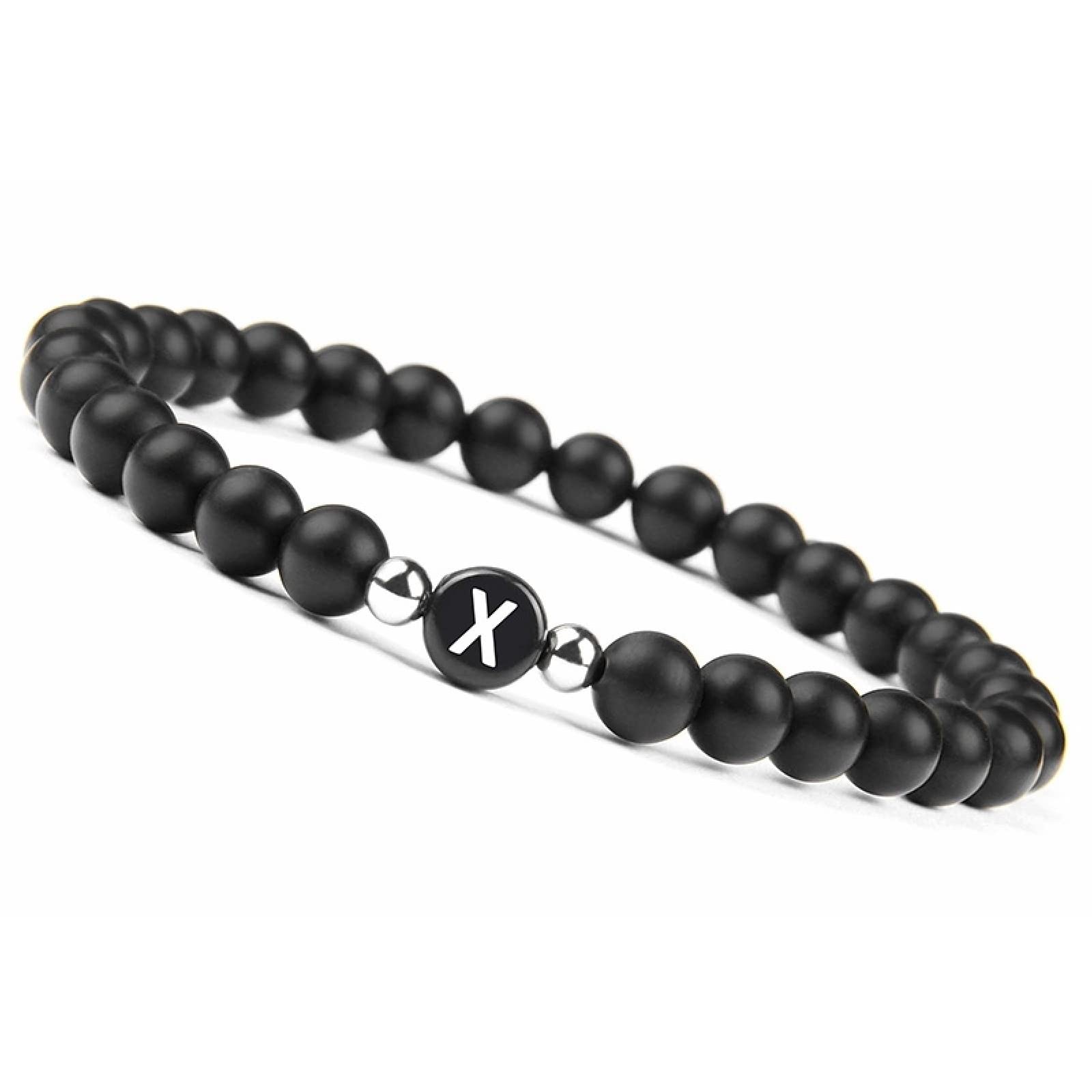 Black Agate Beaded Bracelet for Women & Men - Elastic Letter U Bead Bracelet with Alloy Charms, Unisex Birthday Gift for Her & Him - Perfect for Casual Wear, Parties & Special Occasions