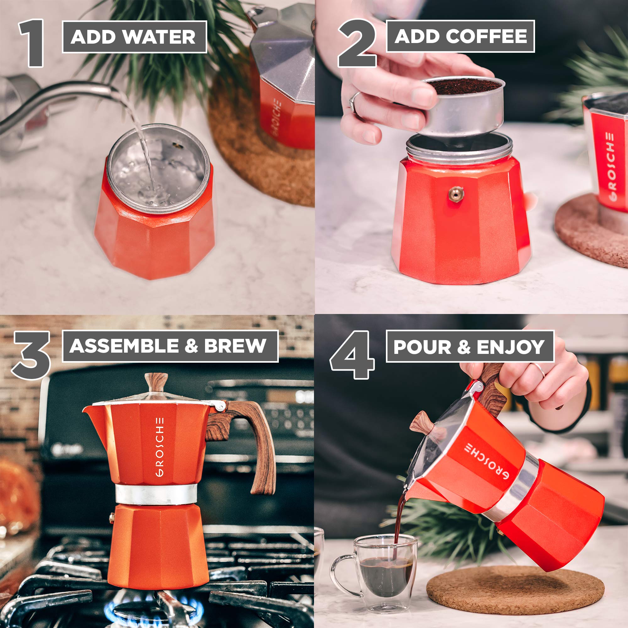 GROSCHE Milano Stovetop Espresso Maker - 9 Cup Moka Pot (15.2 oz) for Cuban & Italian Coffee | Red Stovetop Coffee Brewer for Home, Camping & Gifts | Percolator for Espresso & Greca Coffee