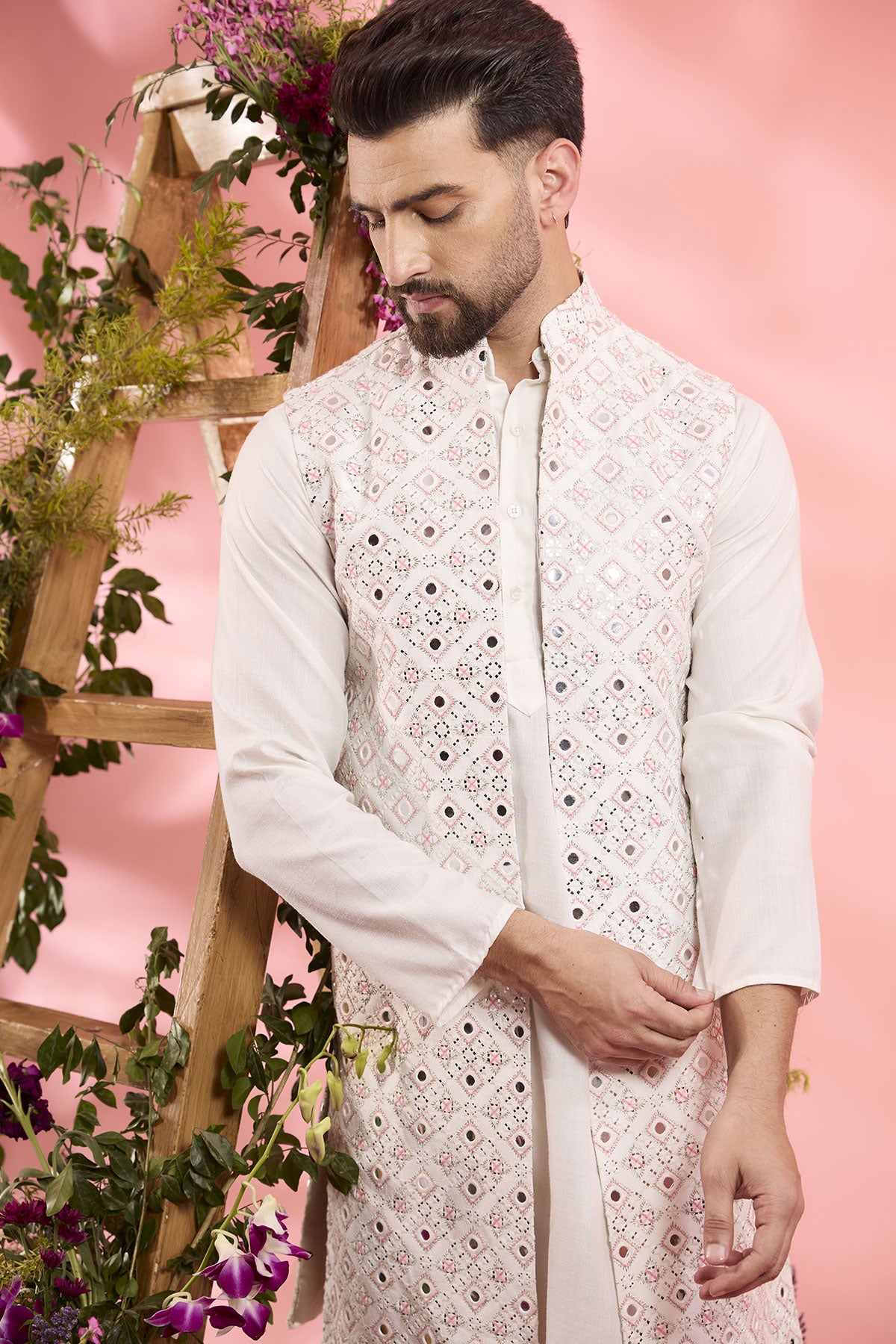Ivory Silk Mirror Work Open Indo-Western Jacket for Women - Elegant Embroidered Bolero for Parties, Weddings & Festive Occasions