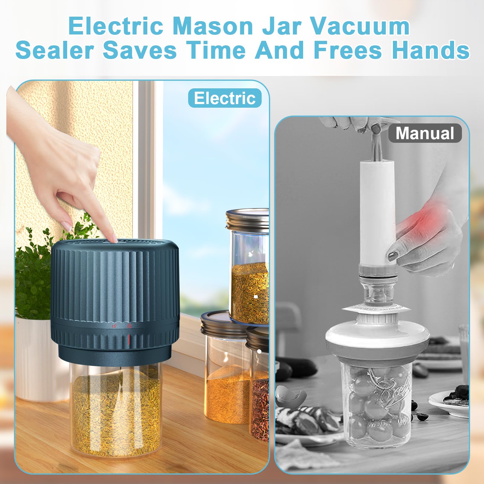 Electric Mason Jar Vacuum Sealer Kit - Cordless Wide & Regular Mouth Jar Sealer with 2000mAh Battery & 85KPa Vacuum for Food Storage | Preserve Fruits, Vegetables, Dry Goods & Meal Prep | Blue