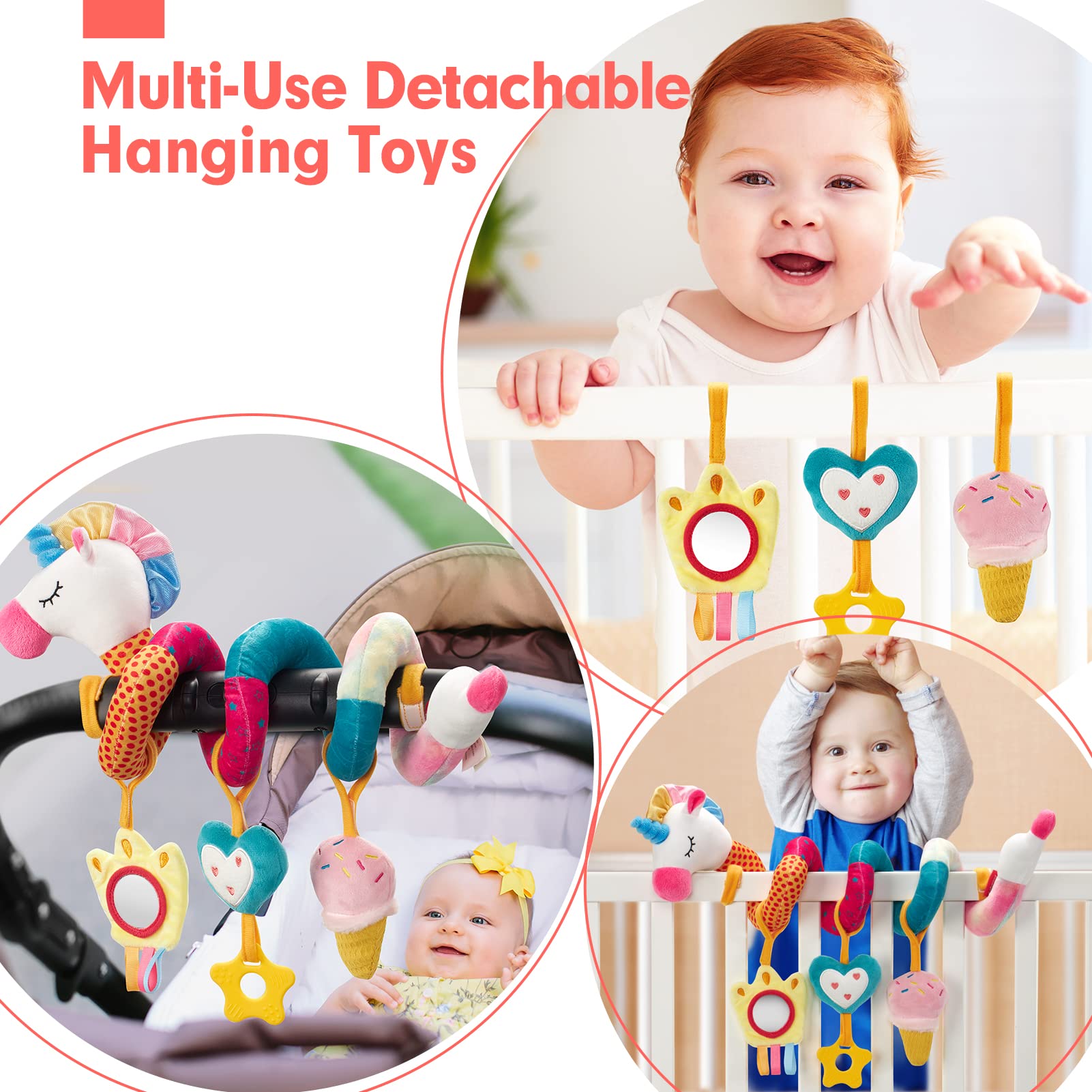 Hahaland Baby Car Seat Toys for 0-6 Months - Developmental Rattles, Mirror & Crinkle Toys for Newborn Girls - Perfect Stroller & Crib Toys for Sensory Play & Early Learning - Great Easter Gift for Infants