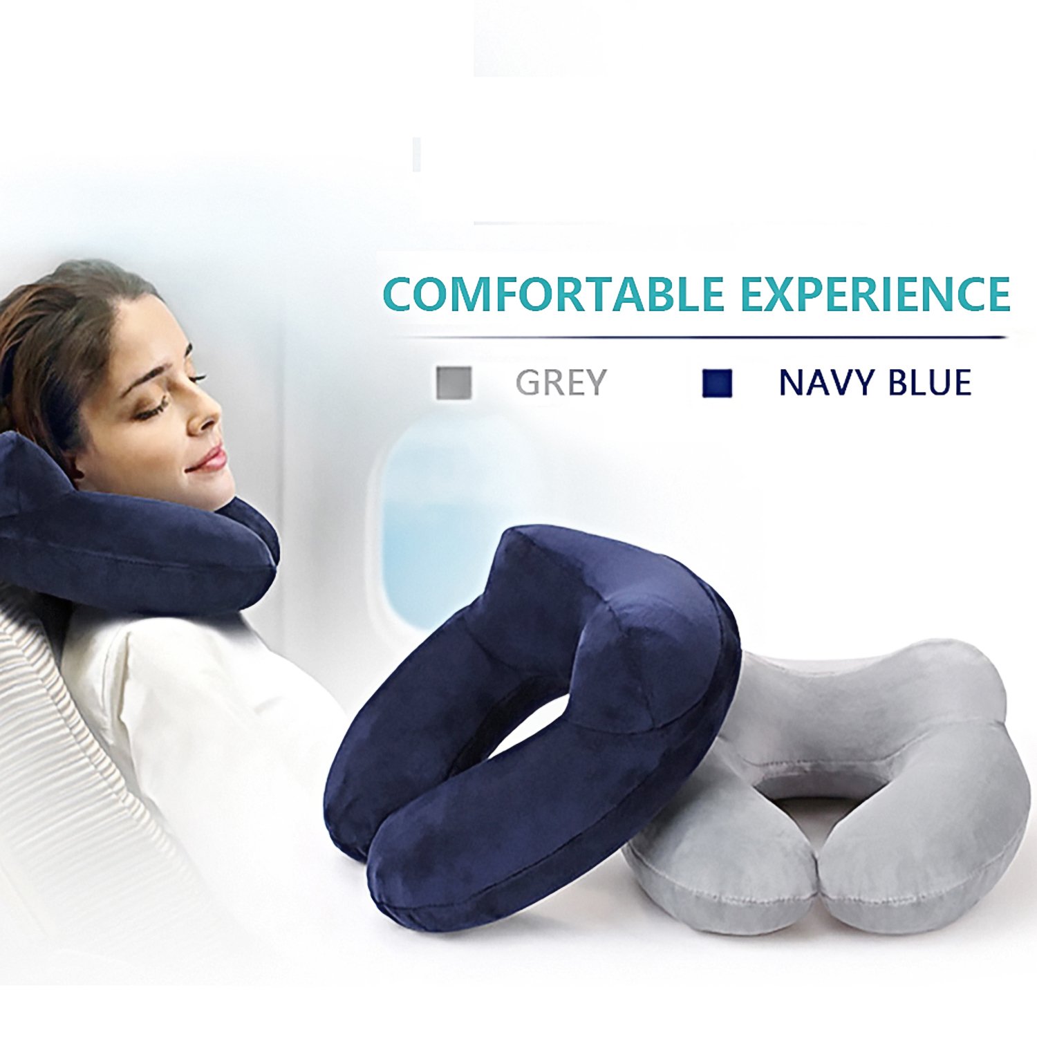 **LUZWAY Inflatable Travel Pillow - Ergonomic Neck Support with Soft Velvet Washable Cover, Includes Ear Plugs & Eye Mask - Perfect for Airplane, Car & Train Travel (Blue)**    *(Use Case: Ideal for long flights, road trips, and train journeys to enhance comfort and reduce neck strain.)*