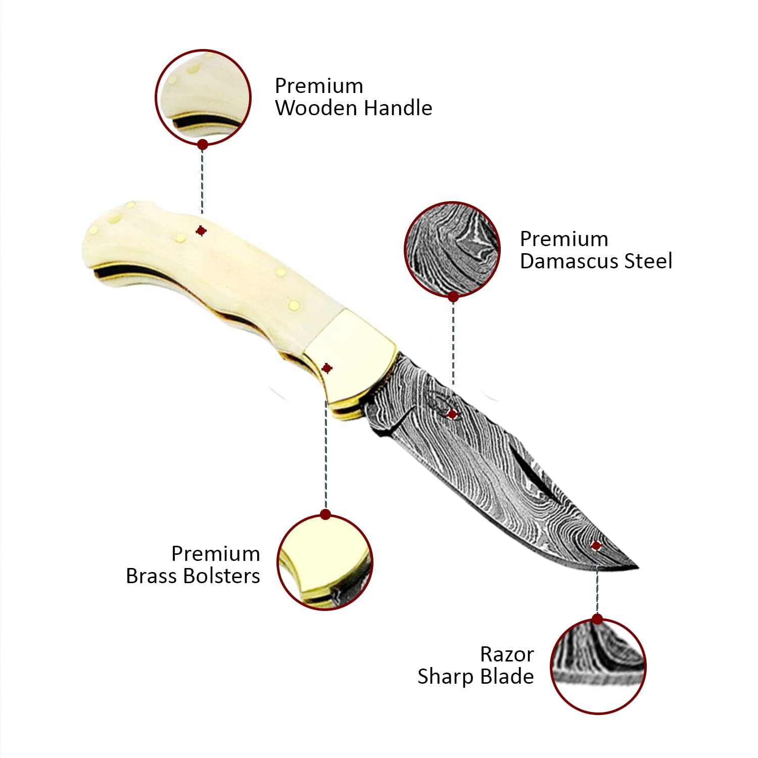 Premium Damascus Folding Pocket Knife with Blue Wood Handle - High-Quality Camping, Hunting & Survival Knife for Men - Perfect Gift for Outdoorsmen & Adventurers - Ideal for Hiking, Fishing & Everyday Carry (Camel)