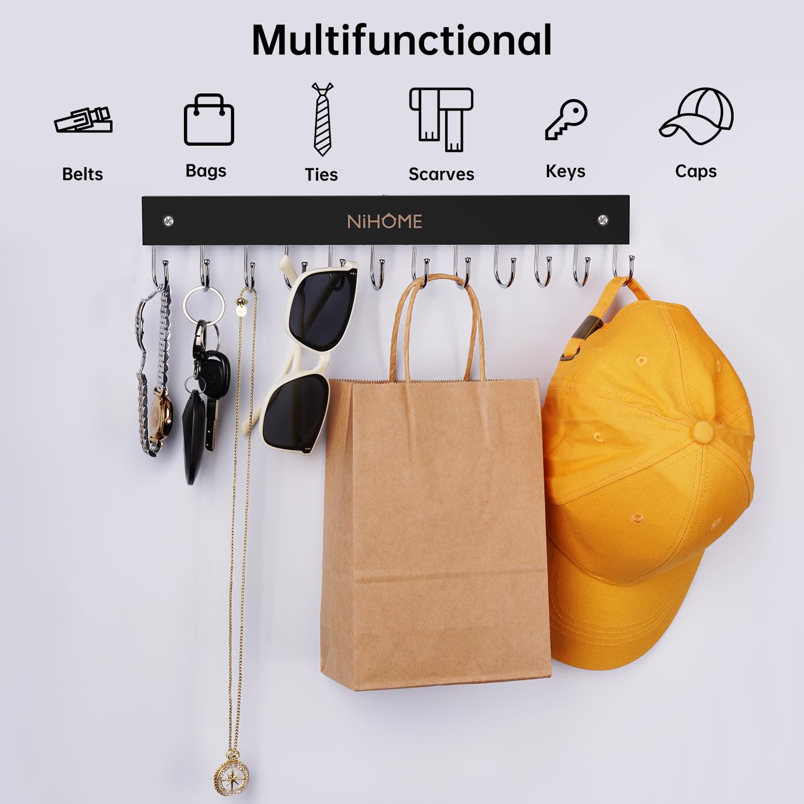 NiHome Wooden Belt & Tie Hanger for Closet - 12 Rotating Hooks for Organizing Belts, Ties, Scarves, Lingerie - Space Saving Wall Mounted or Hanging Closet Organizer (Black, 2PCS) - Perfect for Bedroom, Walk-in Closet, Dorm Room Organization