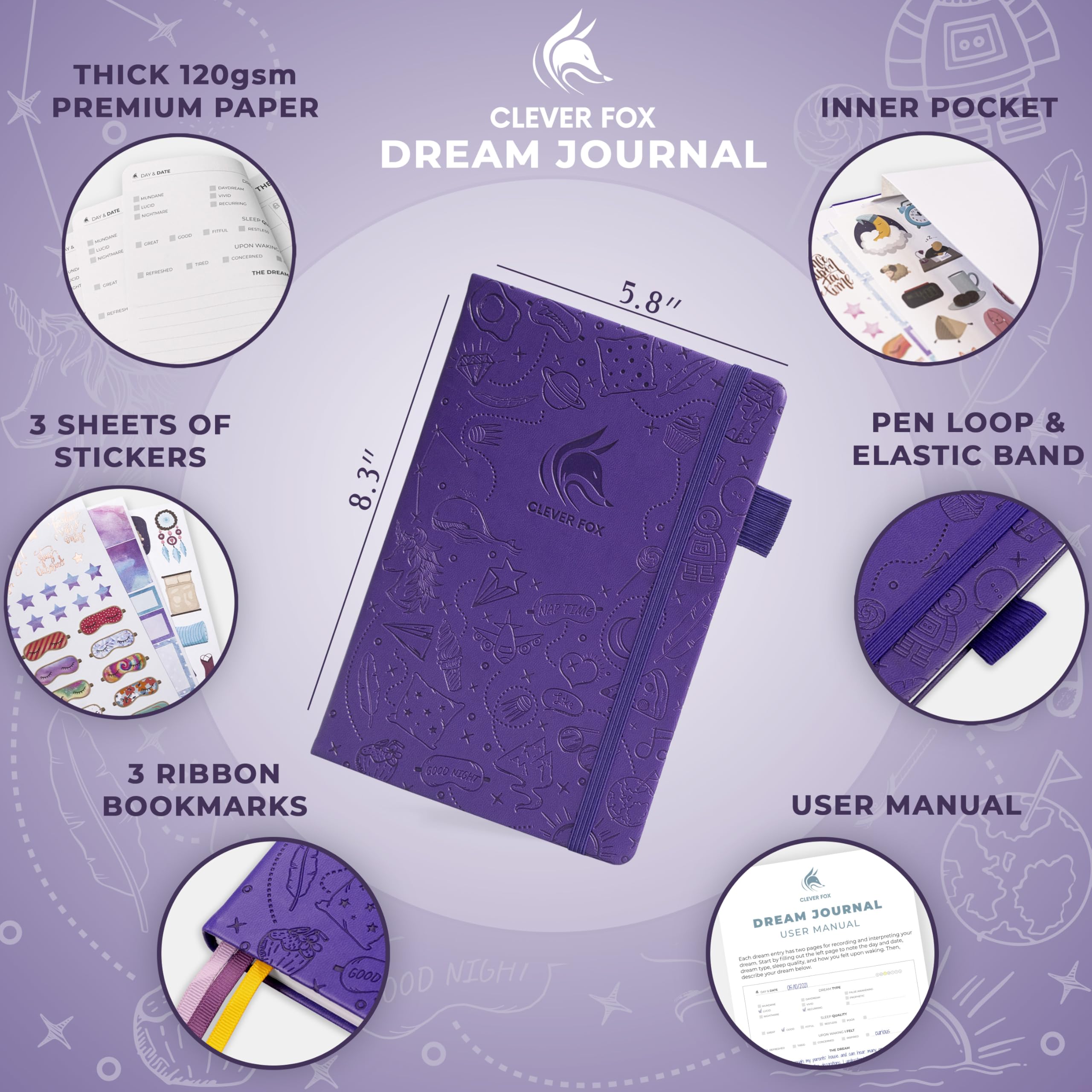 Clever Fox Dream Journal – Guided Dream Diary for Women, Men & Kids – Hardcover Notebook for Recording & Analyzing Dreams – Perfect for Lucid Dreaming, Self-Discovery & Therapy (Purple)