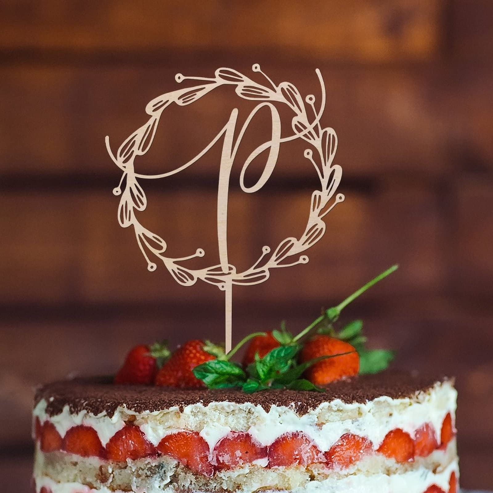 Personalized Wooden Monogram Cake Topper - Rustic Wreath Letter P for Wedding & Birthday Cake Decoration - Handmade Custom Initial Cake Decor (Design 07) | Perfect for Rustic Weddings, Birthday Parties & Anniversary Celebrations