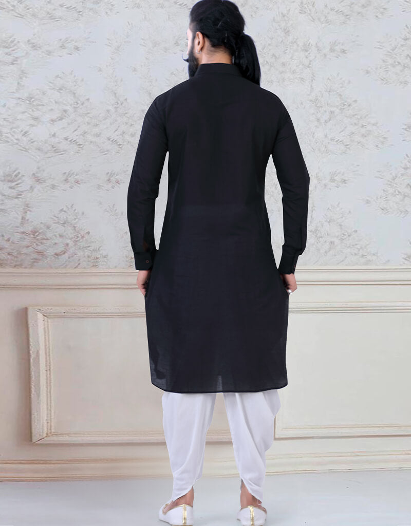 Premium Black Cotton Peshawari Kurta for Men - Traditional Pakistani Embroidered Long Shirt - Perfect for Eid, Weddings & Cultural Events