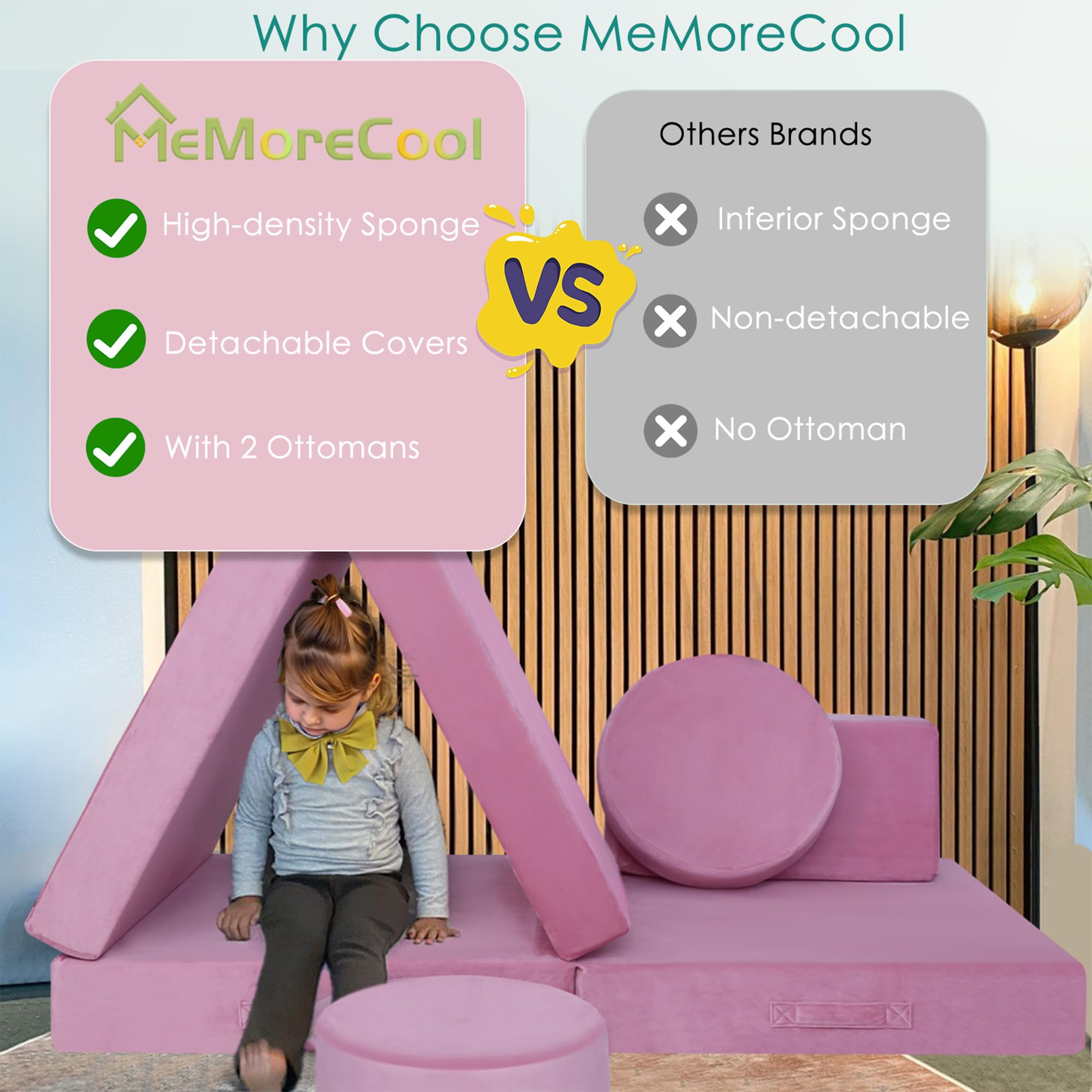 MeMoreCool 8-Piece Modular Kids Play Couch - Convertible Foam Toddler Sofa Set for Playroom & Nursery, Soft Pink Play Furniture for Indoor Playtime & Reading Nook