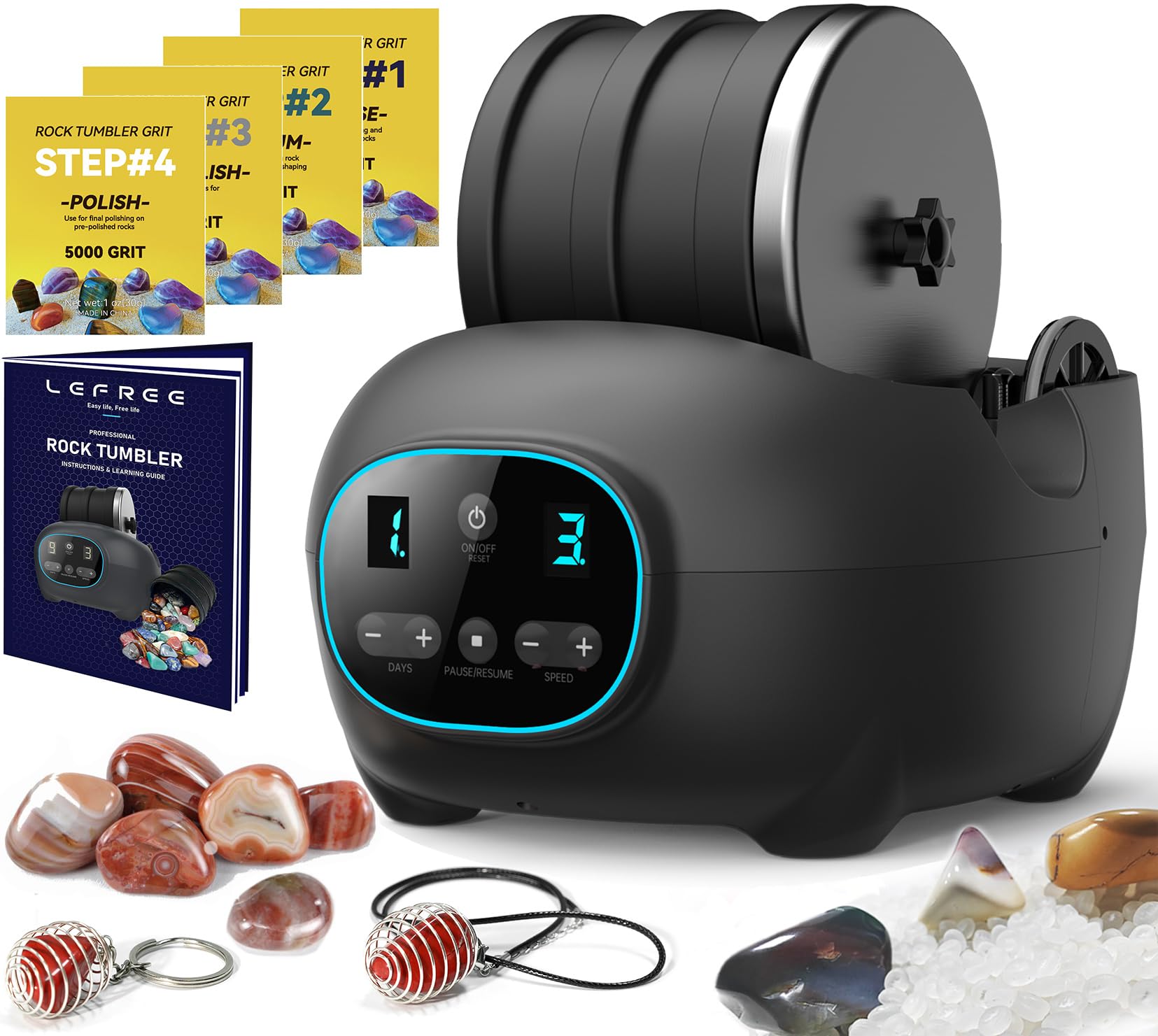Professional Rock Tumbler Kit for Adults & Kids - 3LB Leak-Proof Rubber Barrel with 1LB Rough Rocks & 4 Polishing Grits - STEM Educational Toy for Geology Enthusiasts - Perfect for Christmas Gifts, Science Projects & DIY Jewelry Making