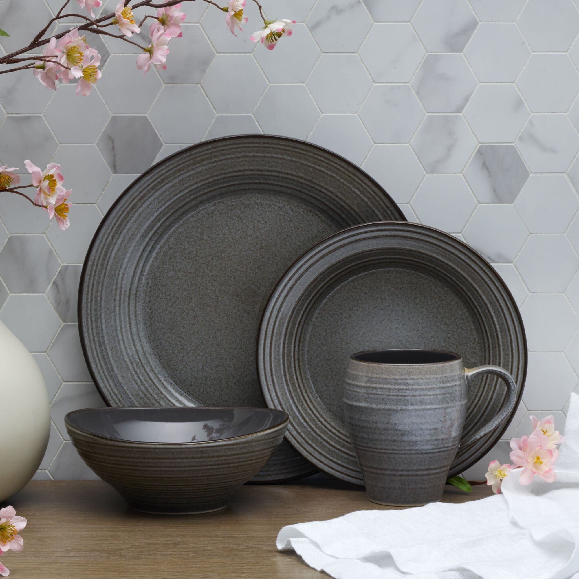 Swirl Speckle Graphite 16-Piece Dinnerware Set - Service for 4 - Elegant Stoneware Plates, Bowls & Mugs - Perfect for Family Dinners, Entertaining Guests & Restaurant-Style Dining
