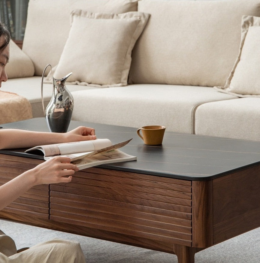 Solid Black Walnut Wood Coffee Table with Natural Slate Top - Perfect for Living Room, Lounge & Modern Home Decor