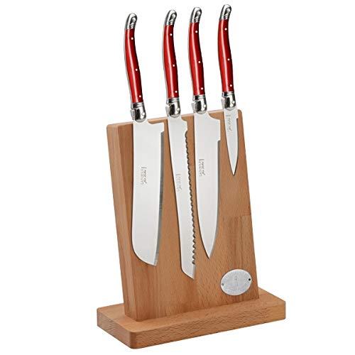 Premium Laguiole French Steak Knife Set with Magnetic Block - 4-Piece Vintage Red Cutlery Set for Steak Lovers, Perfect for Dining, Gifts & Kitchen Decor