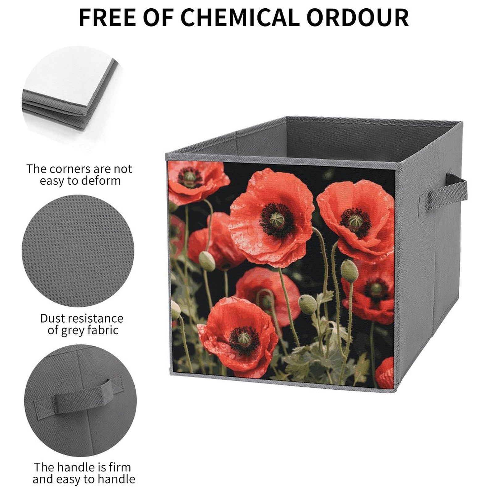 6-Piece Collapsible Storage Bins with Handles - Red Poppy Flower & Leaf Print, Foldable Organizing Baskets for Home, Office, Closet & Shelves | Space-Saving Storage Solutions for Toys, Books & Household Items