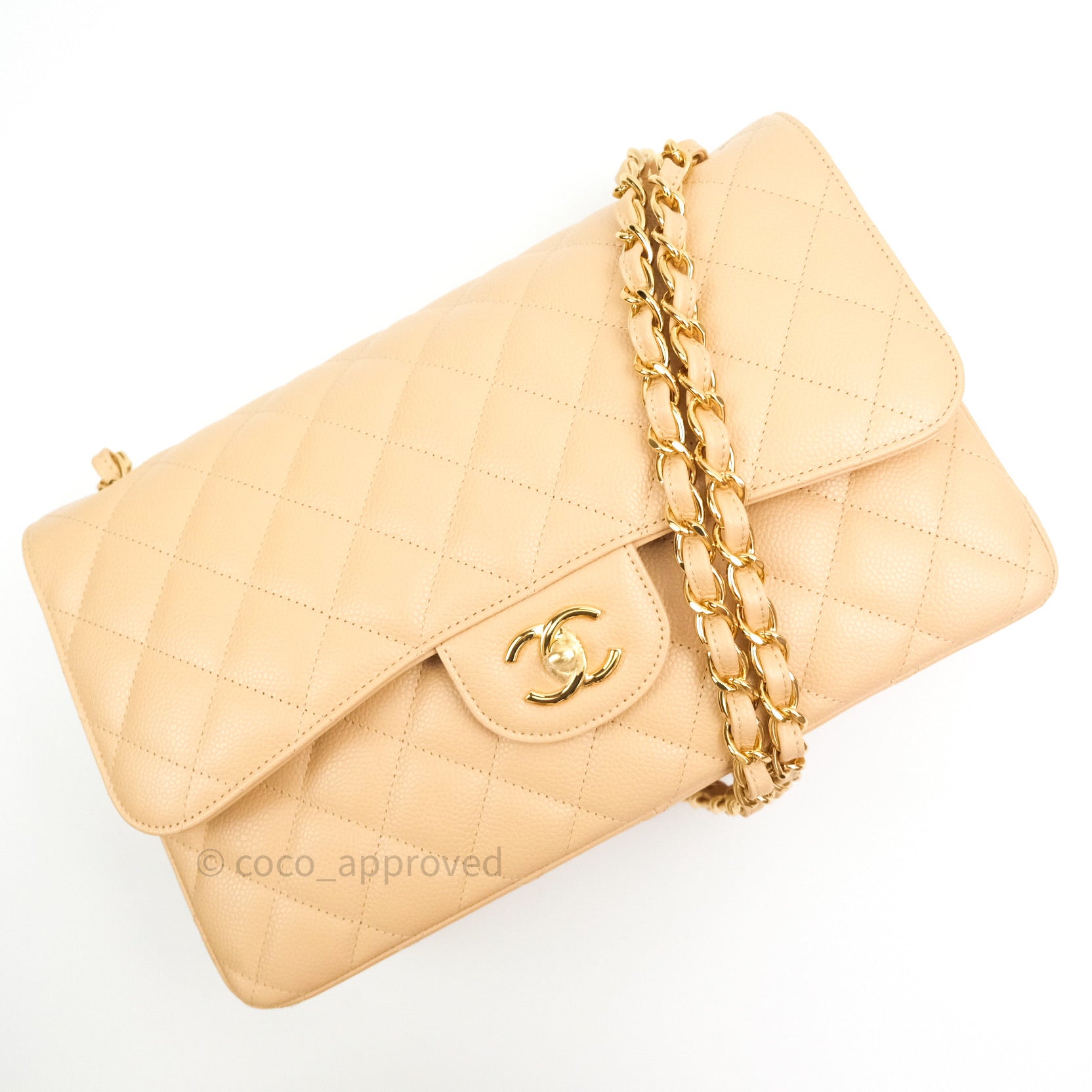 Chanel Classic Jumbo Double Flap Bag Beige Caviar Leather with Gold Hardware - Luxury Designer Handbag for Women, Perfect for Parties & Special Occasions