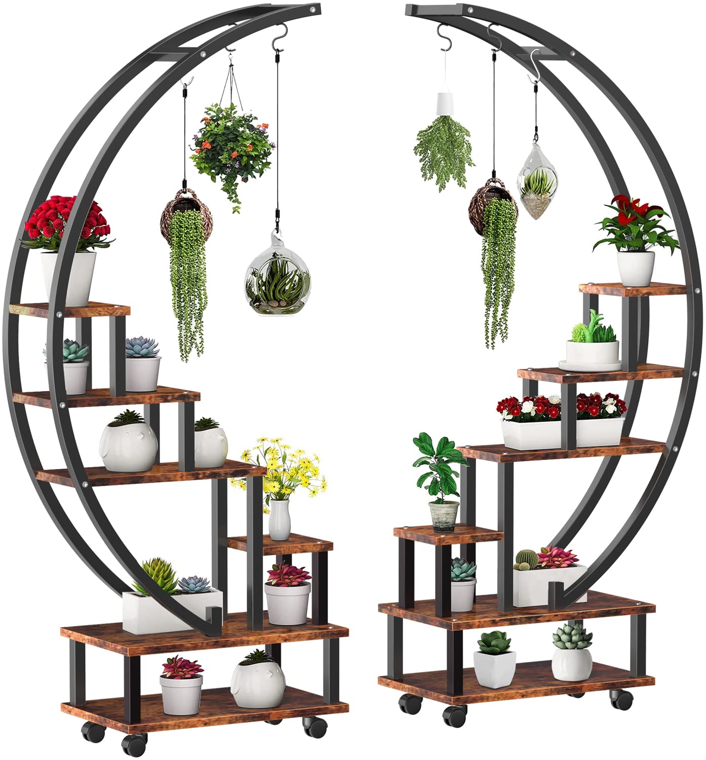 2 Pcs 6-Tier Tall Metal Indoor Plant Stand with Detachable Wheels - Half Moon Shaped Plant Shelf Holder for Outdoor, Balcony, Patio & Garden - Multi-Purpose Home Decor Plant Stand for Living Room, Office & Nursery (Ideal for Small Spaces & Plant Display)