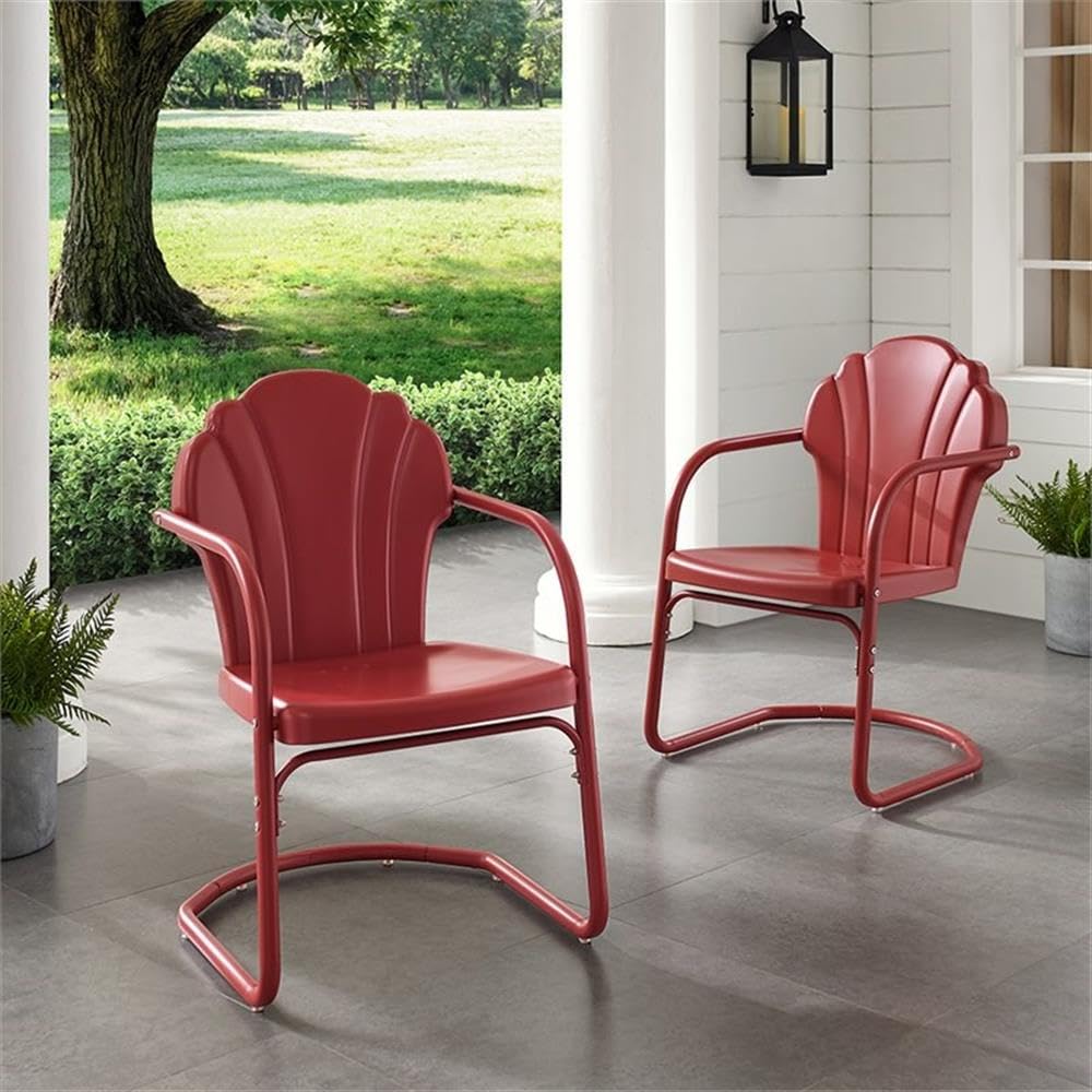 Dark Red Satin Steel Metal Outdoor Chairs (Set of 2) - Patio, Garden, Poolside & Backyard Seating Furniture for Relaxing