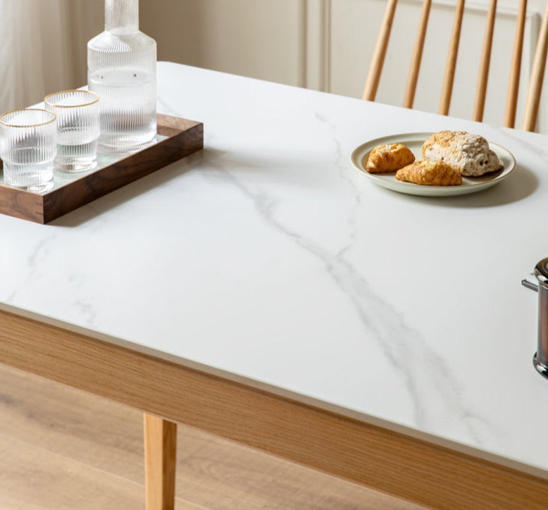 Solid Oak & Ash Wood Dining Table with Natural Rock Slab Surface - Rustic Farmhouse Style for Dining Room & Kitchen Decor
