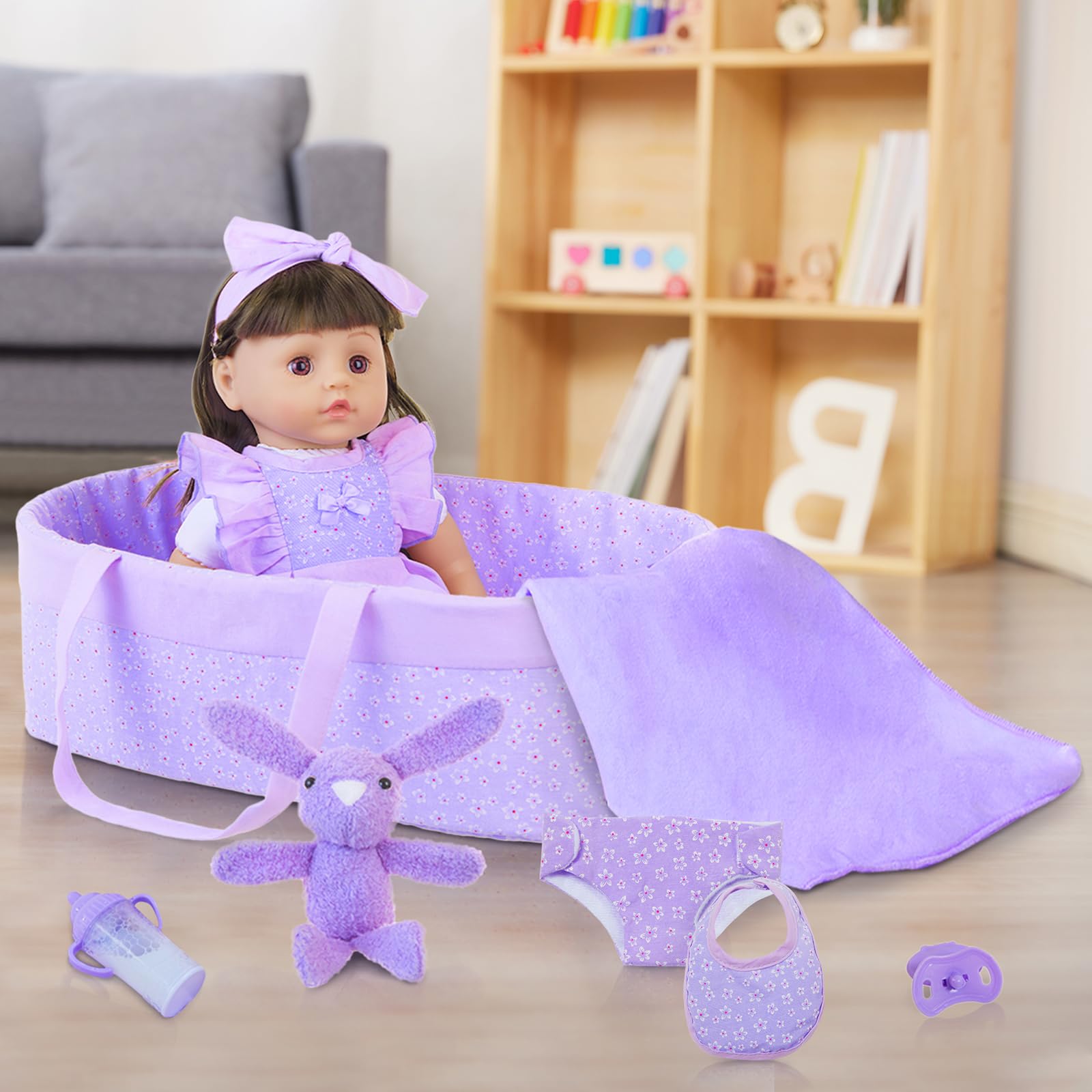 11-Piece Purple Floral Baby Doll Clothes Set with Bassinet & Accessories for 16-18 Inch Reborn Dolls | Perfect for Dress-Up, Role Play & Gift Giving