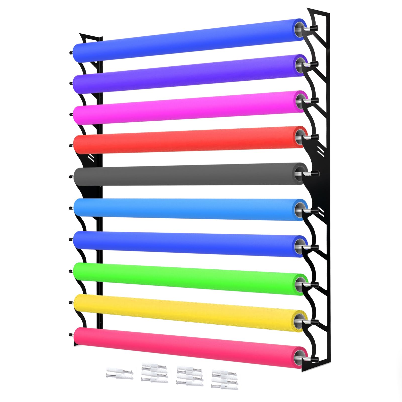 FOSHIO Wall Mounted Vinyl Roll Holder - Heavy Duty Metal Rack for 10 Rolls of Vinyl, Transfer Paper, Wallpaper & Window Film (Rolls Not Included) - Perfect for Craft Rooms, Sign Shops & Home DIY Projects