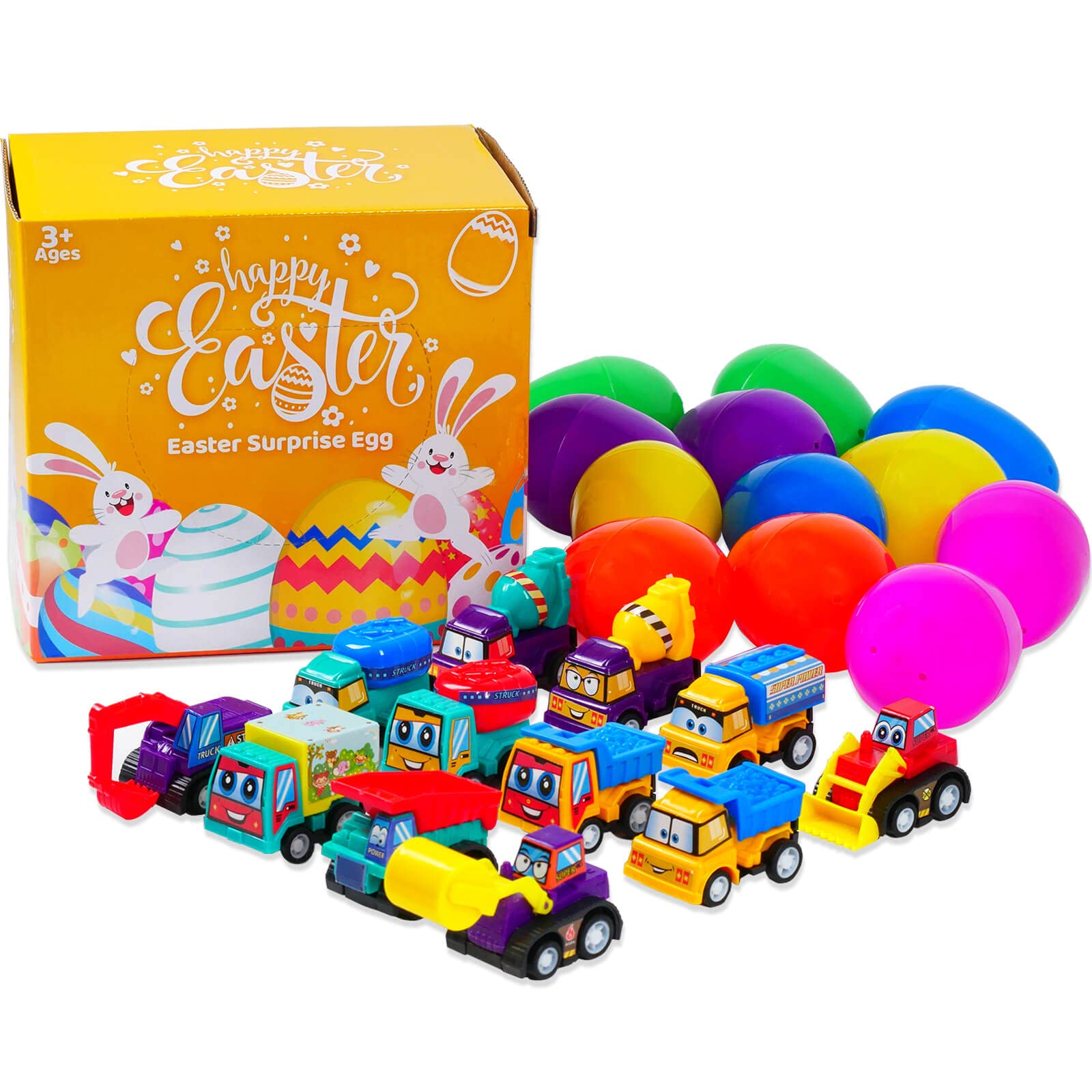 12 PCS Prefilled Easter Eggs with Mini Pull Back Construction Vehicles - Easter Basket Fillers for Kids, Easter Egg Hunt Game, Party Favors & Holiday Gifts (Orgrimmar Brand) - Perfect for Easter Celebrations, Birthday Parties & Classroom Activities