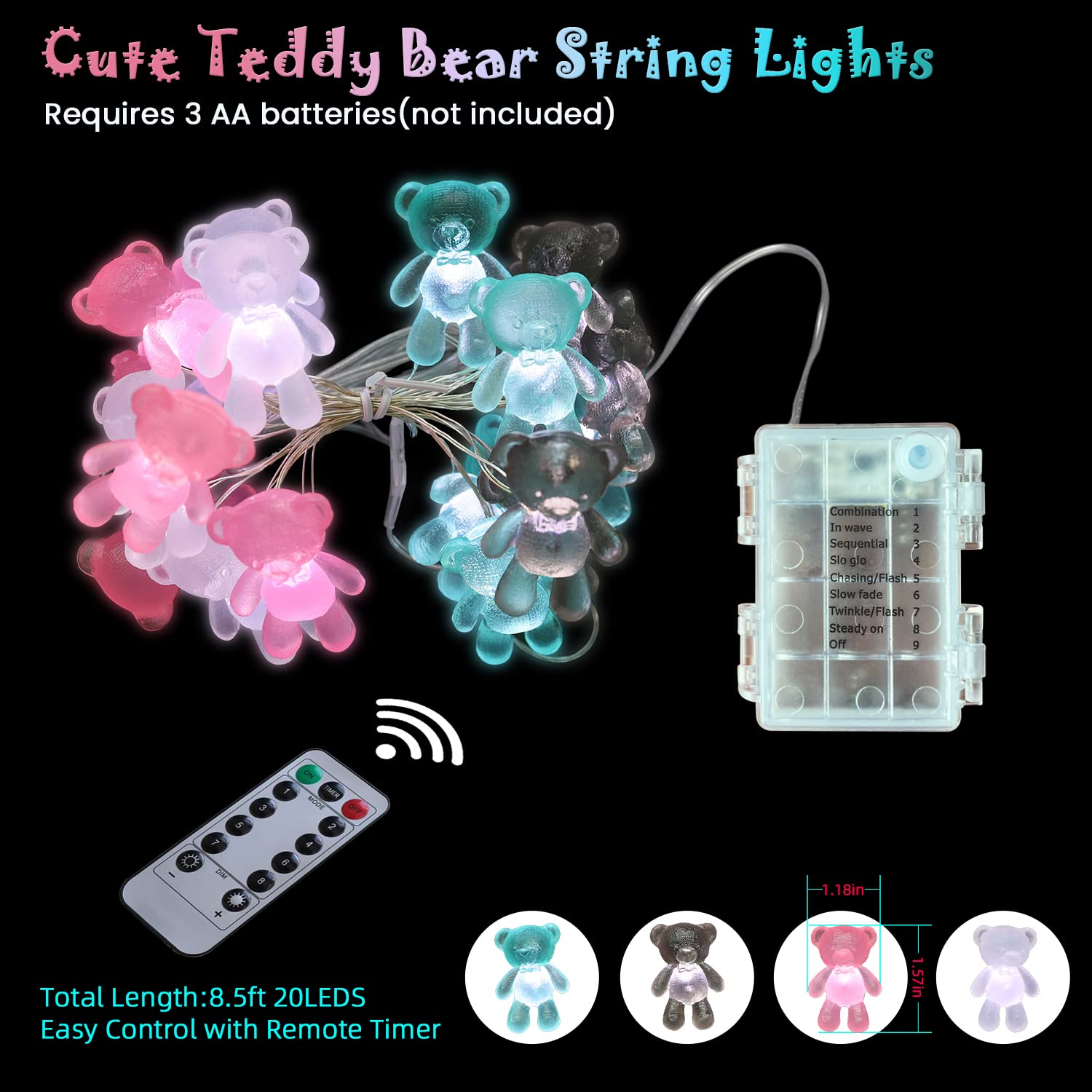 Cute Teddy Bear String Lights - 8.5ft 20LED Battery Operated Fairy Lights for Christmas, Parties, Home & Outdoor Decor - JASHIKA Novelty Lighting Gifts