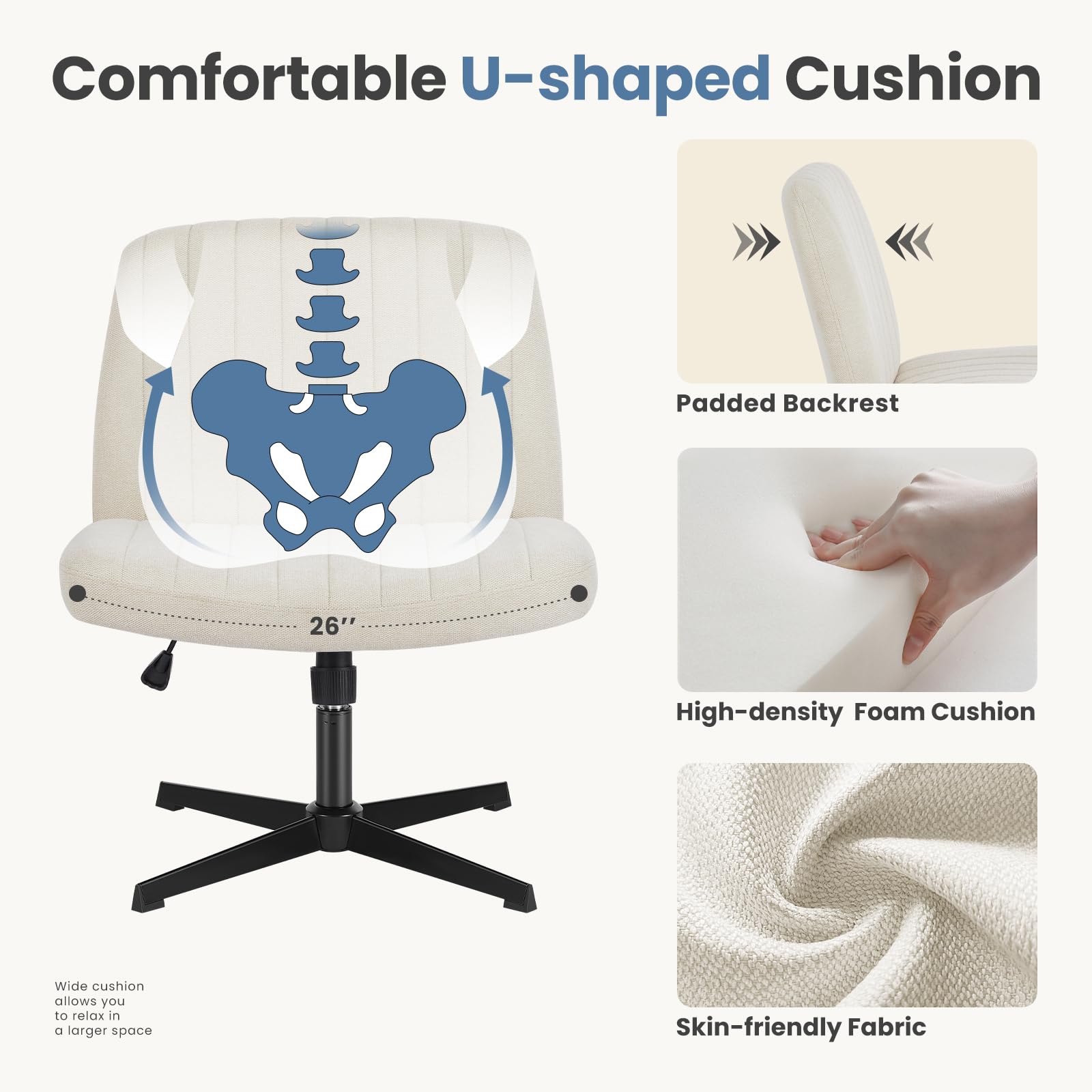 DUMOS Cross Legged Office Chair - Armless Wide Home Desk Seat No Wheels, Modern Swivel Adjustable Fabric Chair for Bedroom & Office - Perfect for Meditation, Reading & Small Space Workstations