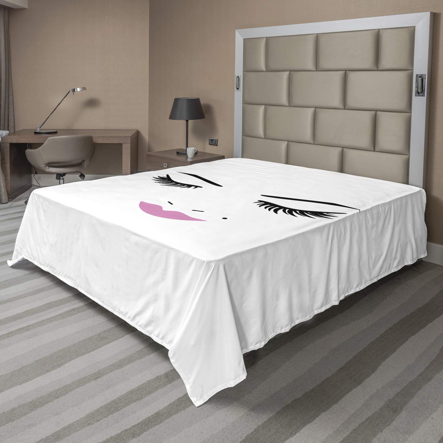 Ambesonne Queen Size Eyelash Flat Sheet - Pink Lipstick Glam Makeup Design, Soft & Comfortable Decorative Bedding (1 Piece, Fuchsia Black White) | Perfect for Beauty Themed Bedrooms, Girls' Rooms & Makeup Lovers