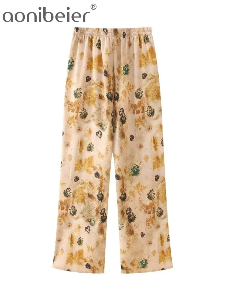 Aonibeier Women's Satin Printed Loose Shirt & Wide Pants Set - Y2K Summer Long Sleeve Casual Blouse Outfit for Women | Perfect for Office Wear, Date Night & Vacation Outfits