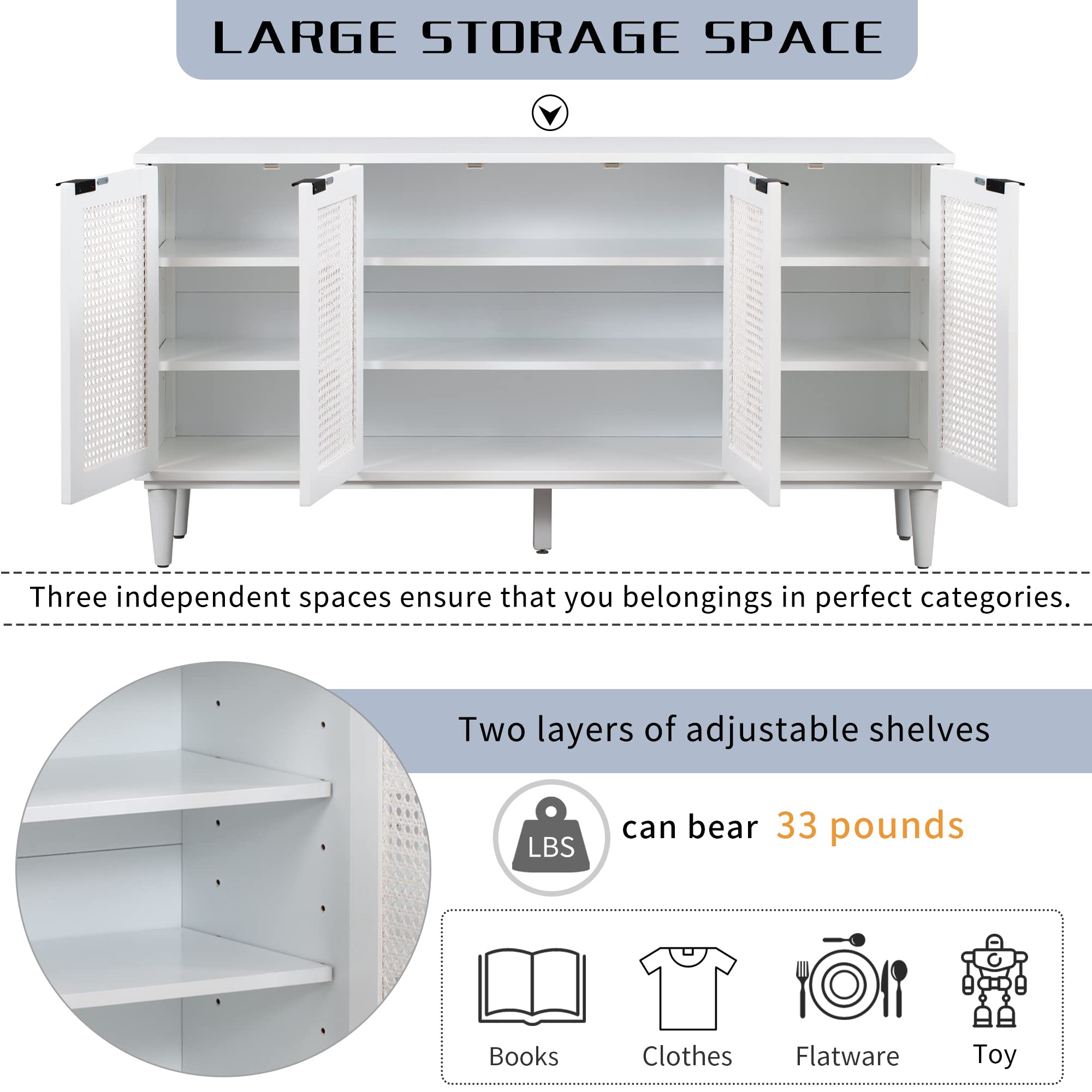 Modern Rattan Buffet Sideboard Cabinet with Natural Rattan Doors - Wood Entryway Console Table & Storage Cabinet for Living Room, Dining Room, Hallway - Perfect for Home Decor, Entertaining & Organizing (White)