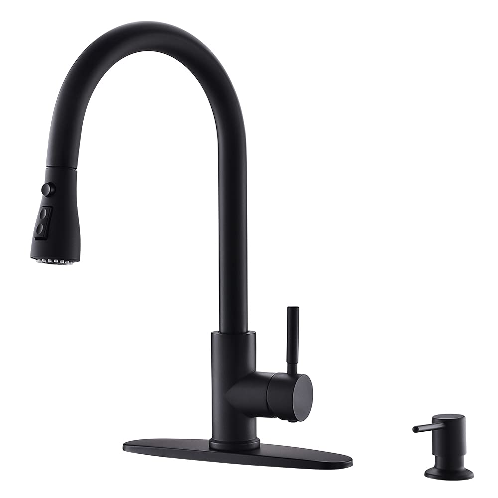Bokaiya Matte Black Kitchen Faucet with Pull Down Sprayer & Soap Dispenser - High Arch Single Lever Stainless Steel Pull Out Sprayer with Deck Plate - Perfect for Modern Farmhouse & Contemporary Kitchen Renovations
