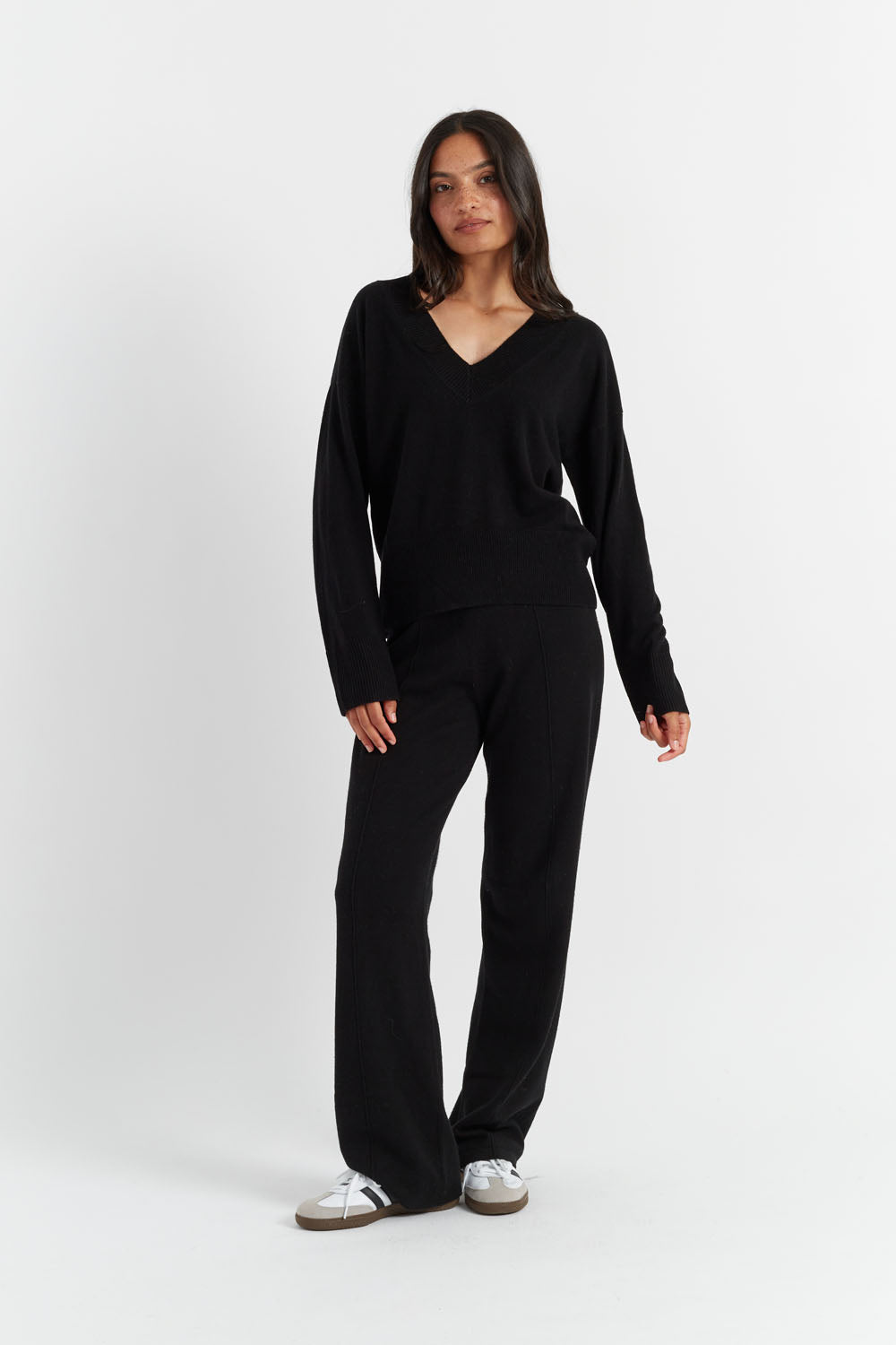 Premium Black Wool Cashmere Wide Leg Lounge Pants for Women - Soft & Warm High Waisted Comfort Pants for Relaxing at Home, Travel & Yoga