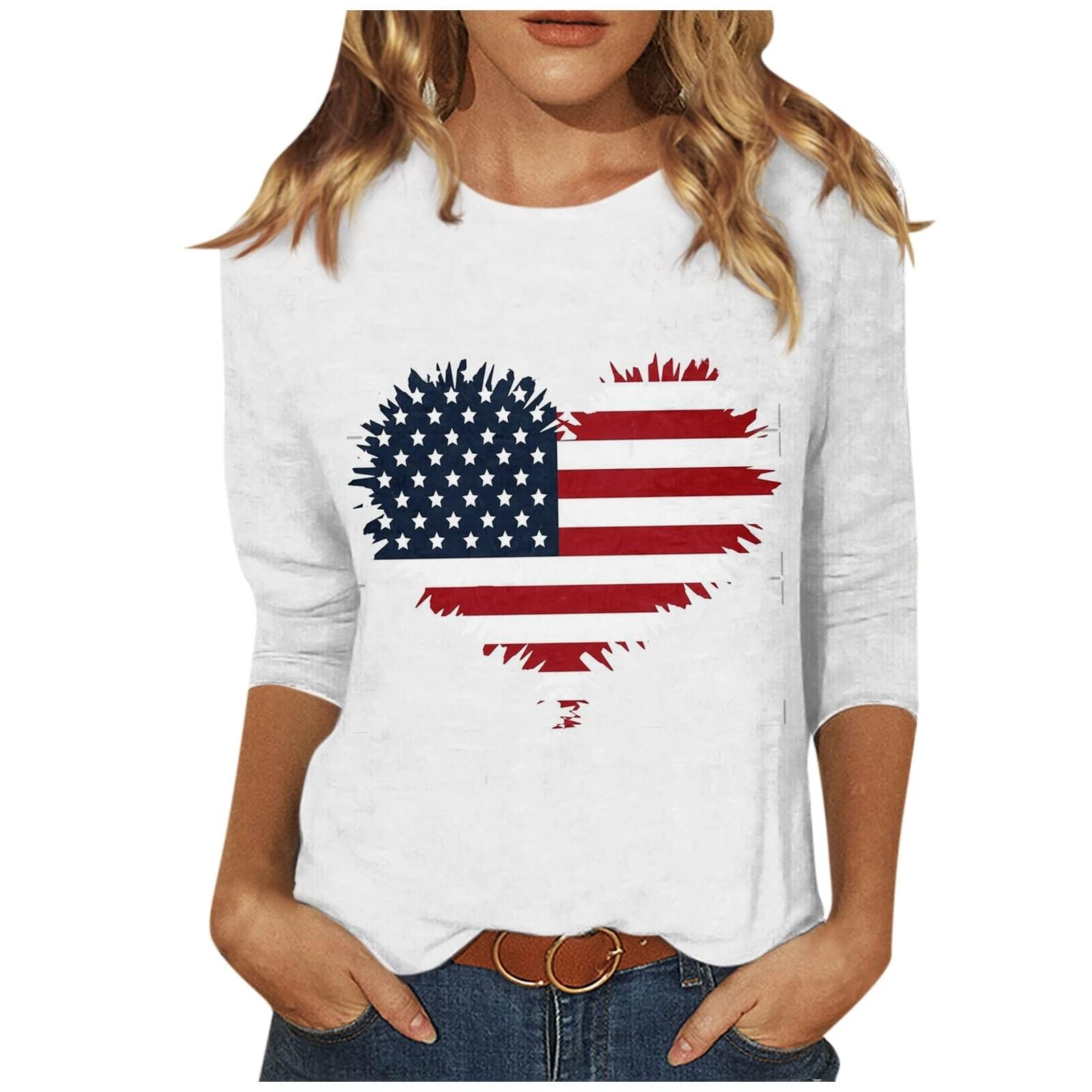 Women's 3/4 Sleeve Patriotic American Flag Crew Neck Tops - Casual & Business Tunic Blouses for Work, Office & Everyday Wear | USA Flag Apparel