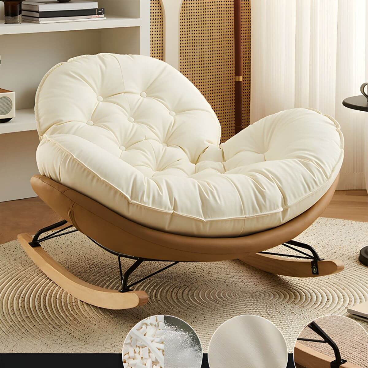 Modern Faux Leather Beige Upholstered Rocking Chair with Spindle Back & Natural Wood Legs - Cozy Nursery, Living Room or Bedroom Accent Chair for Relaxing & Nursing