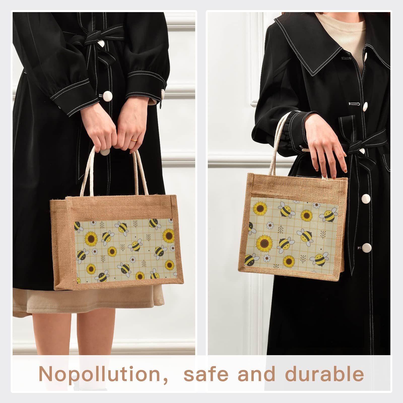 Stylish Cute Bee Sunflower Jute Tote Bag with Zipper & Handles - 12x9 Inch Reusable Canvas Shopping Grocery Bag for Women - Perfect for Travel, Picnic, Beach & Farmers Market