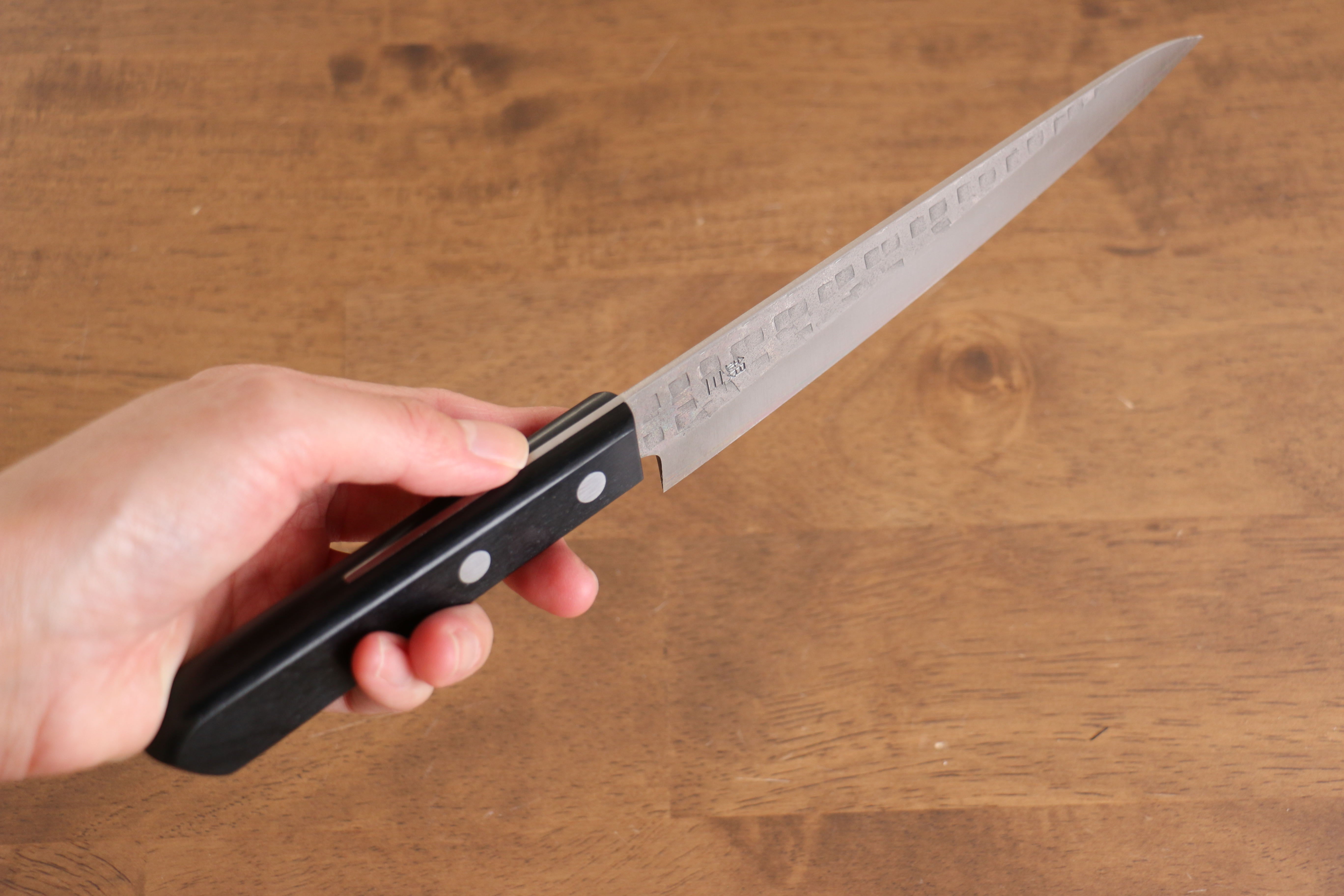 Nao Yamamoto 160mm Silver Steel No.3 Hammered Petty Utility Knife with Black Pakka Wood Handle - Perfect for Slicing, Chopping, and Precision Kitchen Tasks