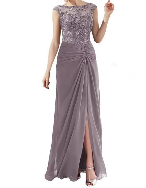 Elegant Lace Applique Mother of the Bride Dress - Long Chiffon Gown with Side Slit for Wedding Guest, Mother of the Groom & Special Occasions | Perfect for Formal Events, Church Ceremonies & Evening Receptions
