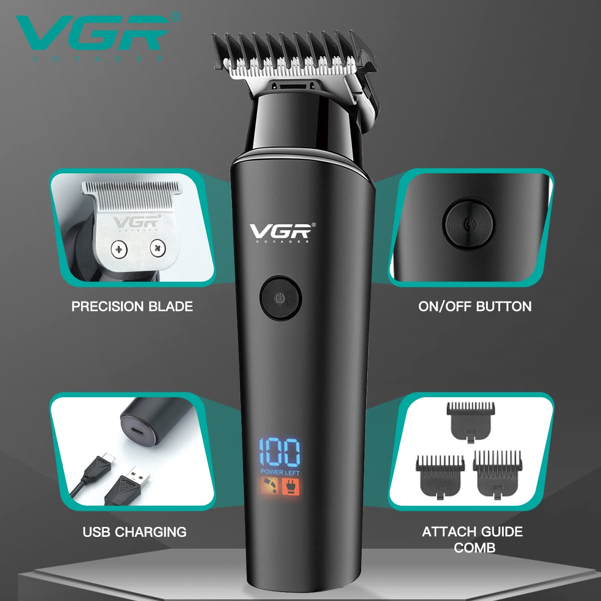 VGR V-937 Professional Cordless Rechargeable Hair Clipper for Men - USB Charging, LED Display, Stainless Steel Blades, 3 Guide Combs, 500 Min Runtime, 2000mAh Li-ion Battery (Black) - Perfect for Home Haircuts, Beard Trimming & Personal Grooming
