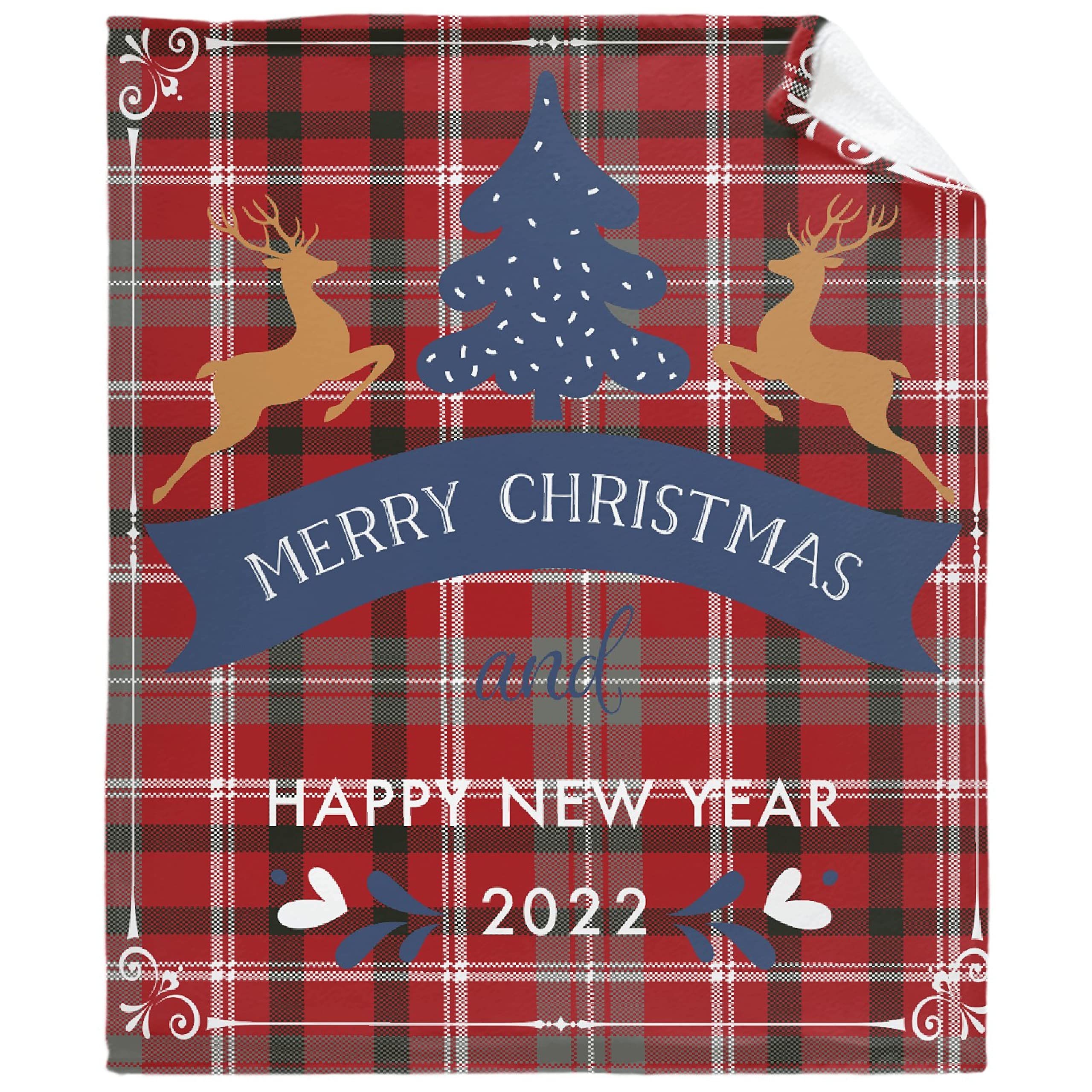2022 Happy New Year Reindeer Throw Blanket - Extra Large 120x90 Inch Lightweight Flannel Christmas Blanket for Winter | Cozy Holiday Gift for Son, Daughter & Family | Perfect for Bed, Sofa, Couch & Home Decor | Christmas Microfleece Blanket for Snuggling & Festive Celebrations