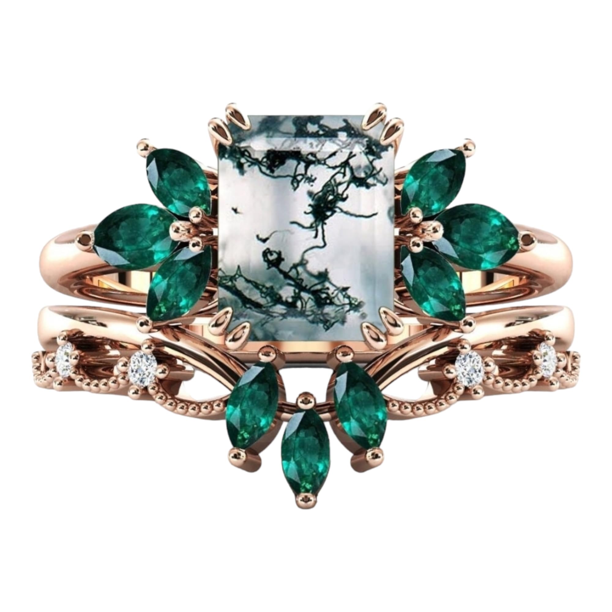 925 Silver Emerald Cut Moss Agate Wedding Ring Set for Women - Anniversary, Engagement & Promise Ring in White Gold Plated (Size 5) | Perfect for Bridal Jewelry, Gift Giving & Special Occasions