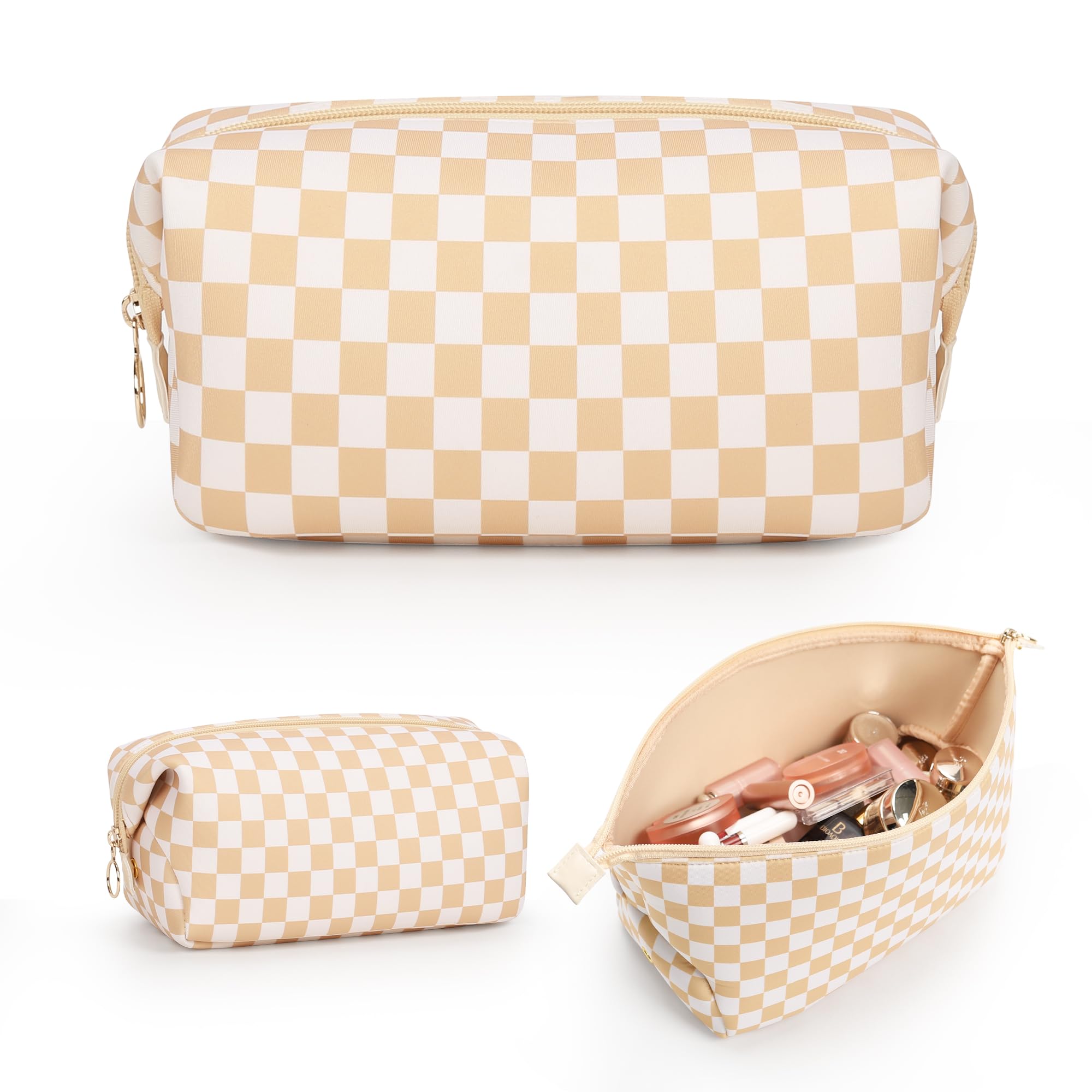 Waterproof Travel Makeup Bag for Women - Large Capacity Cosmetic Organizer & Toiletry Case - Lightweight Neoprene Checkered Design - Perfect Birthday/Easter Gift for Women & Girls (Great for Vacation, Gym, Business Trips)