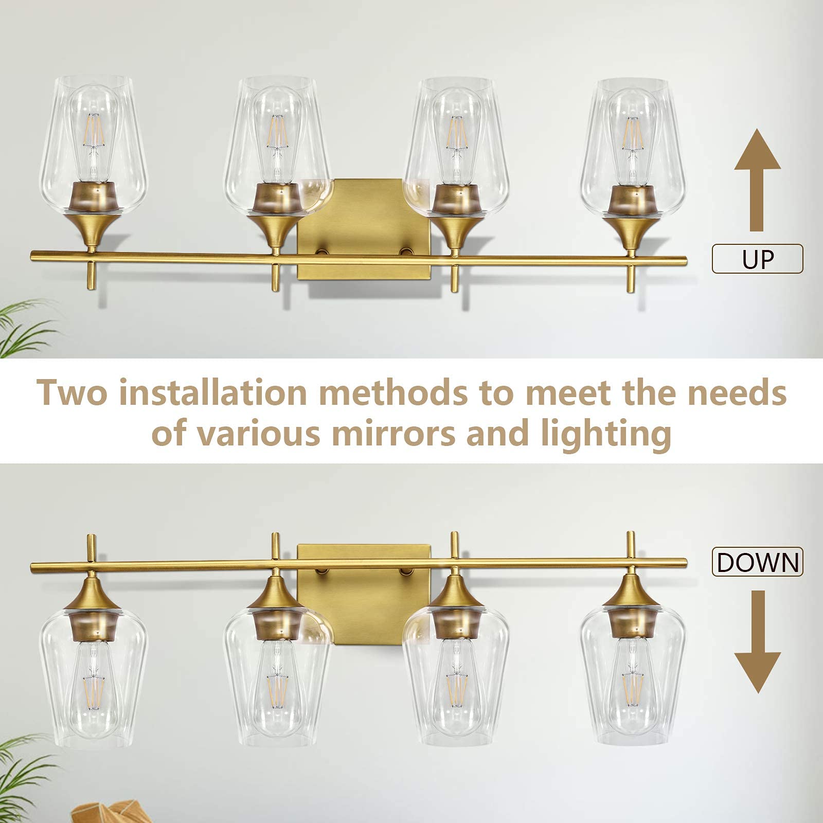 4-Light Bathroom Vanity Light Fixture - Bronze Brass Wall Sconce with Glass Shade - Over Mirror Lighting for Bathroom, Living Room, Bedroom & Dressing Area - Perfect for Modern Home Decor & Vanity Makeup Lighting
