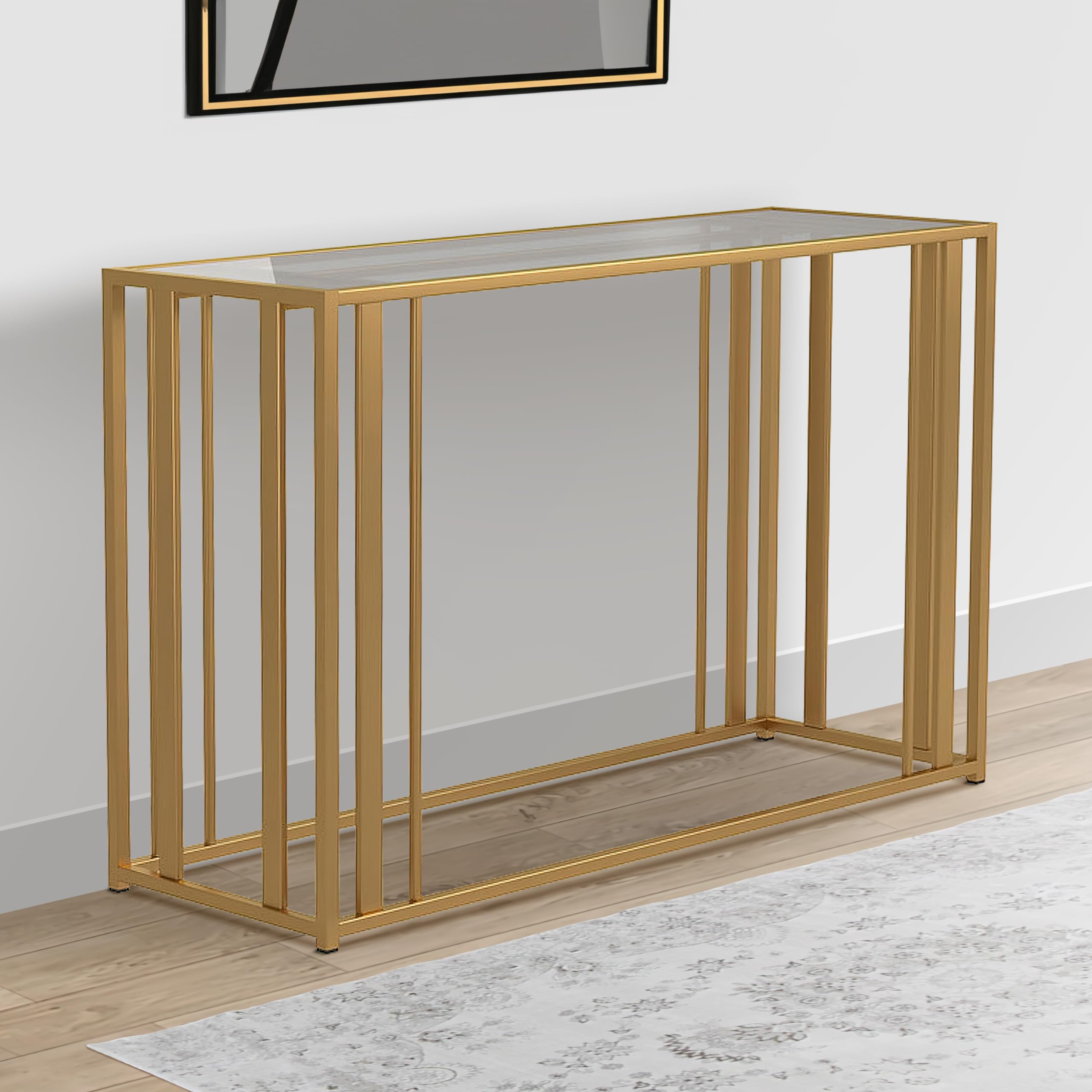 Benjara Modern Glass Top Sofa Table with Sturdy Metal Tubular Base in Brass Finish - Perfect for Living Room, Lounge & Home Decor