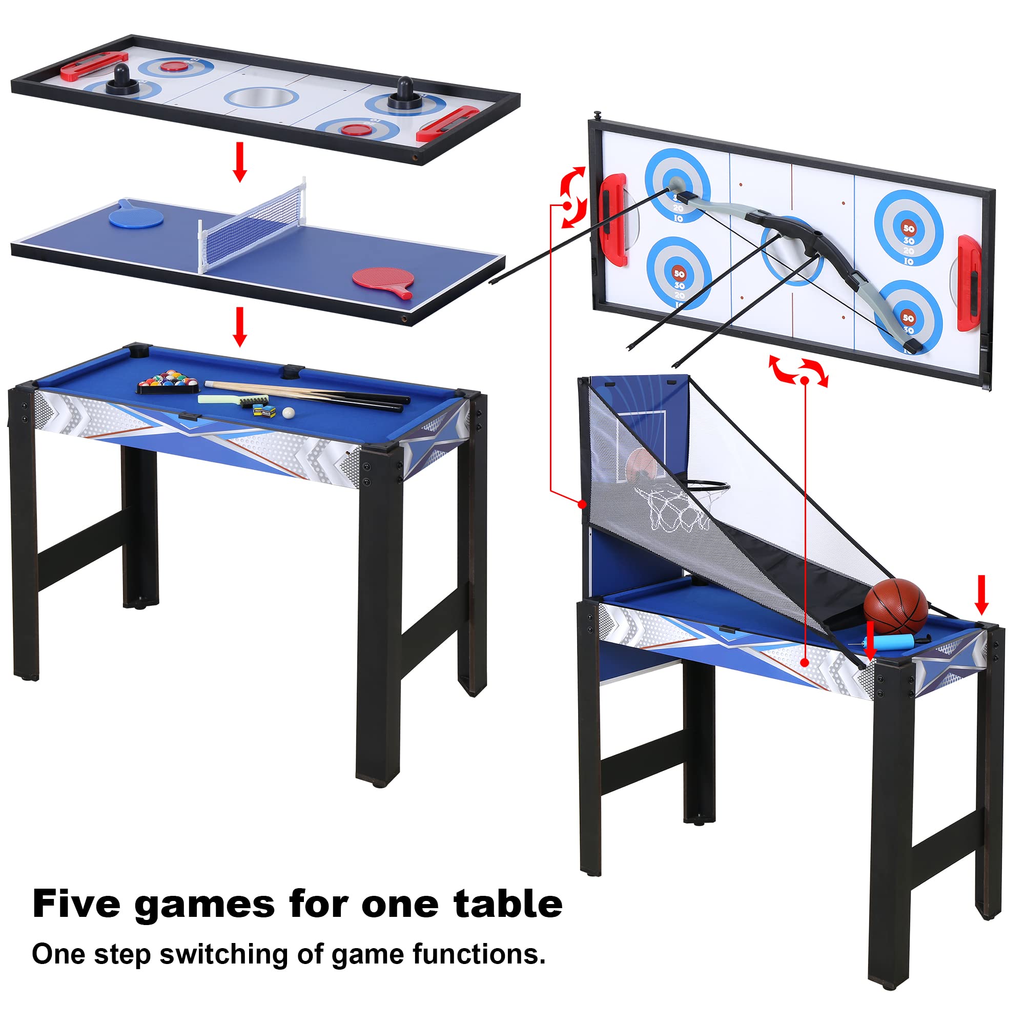 HLC 3ft 5-in-1 Multi Game Table Set - Foldable Pool, Hockey, Ping Pong, Basketball & Archery Combo for Indoor & Outdoor Family Fun
