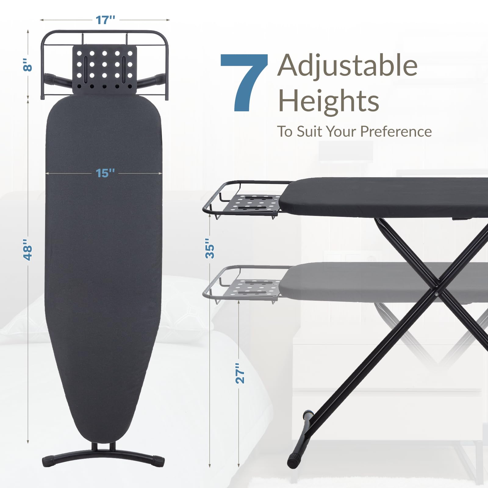 Premium Heavy Duty Ironing Board 48x15 Inches with Retractable Iron Rest - Extra Wide Sturdy Frame, Thick Padding Cover & Height Adjustable - Perfect for Home, Laundry Room or Tailor Shop (Black)