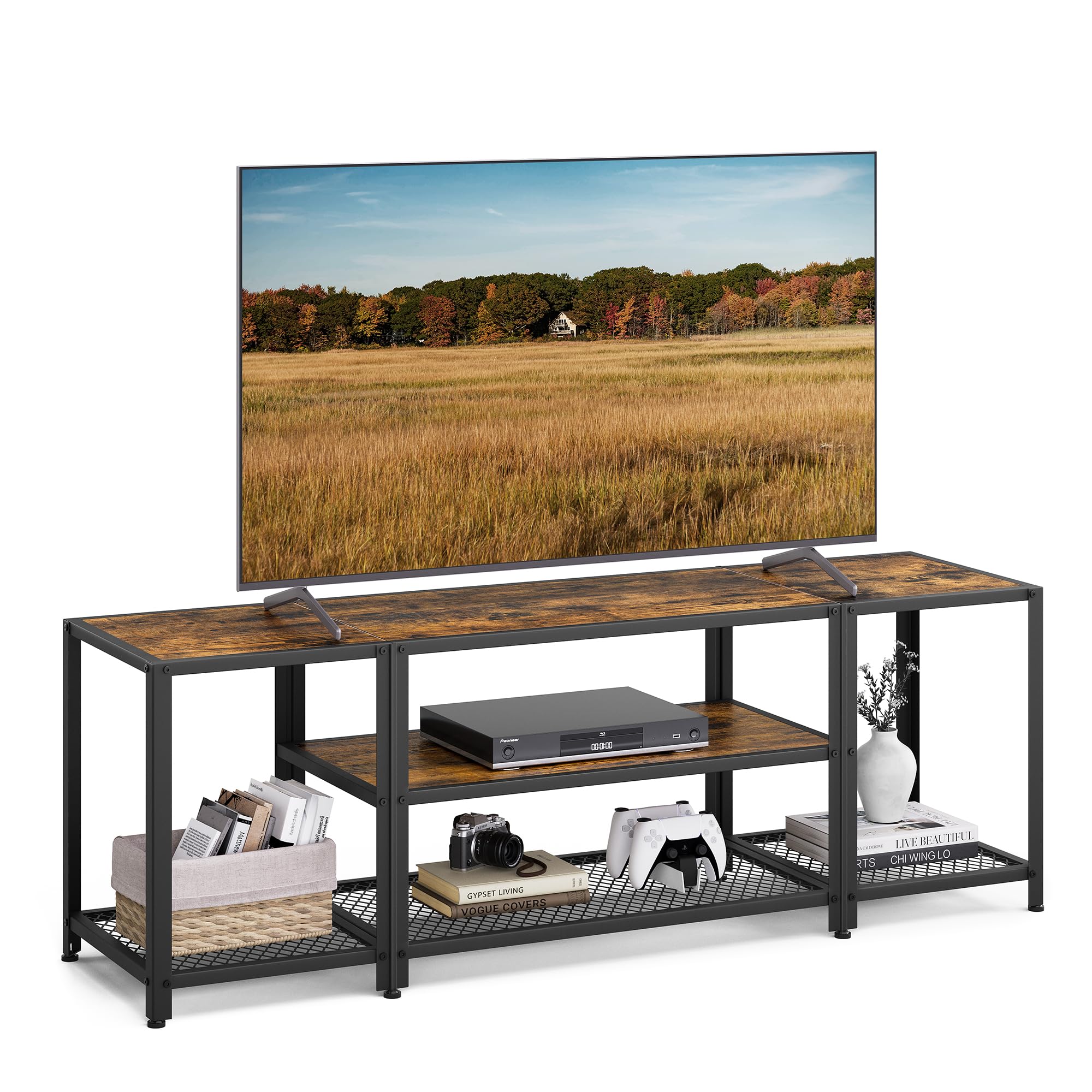 VASAGLE 65 Inch TV Stand with 3-Tier Open Shelves, Industrial Modern Entertainment Center Console Table - Rustic Brown & Black for Living Room & Bedroom | Perfect for Home Theater Setup & Media Storage Organization