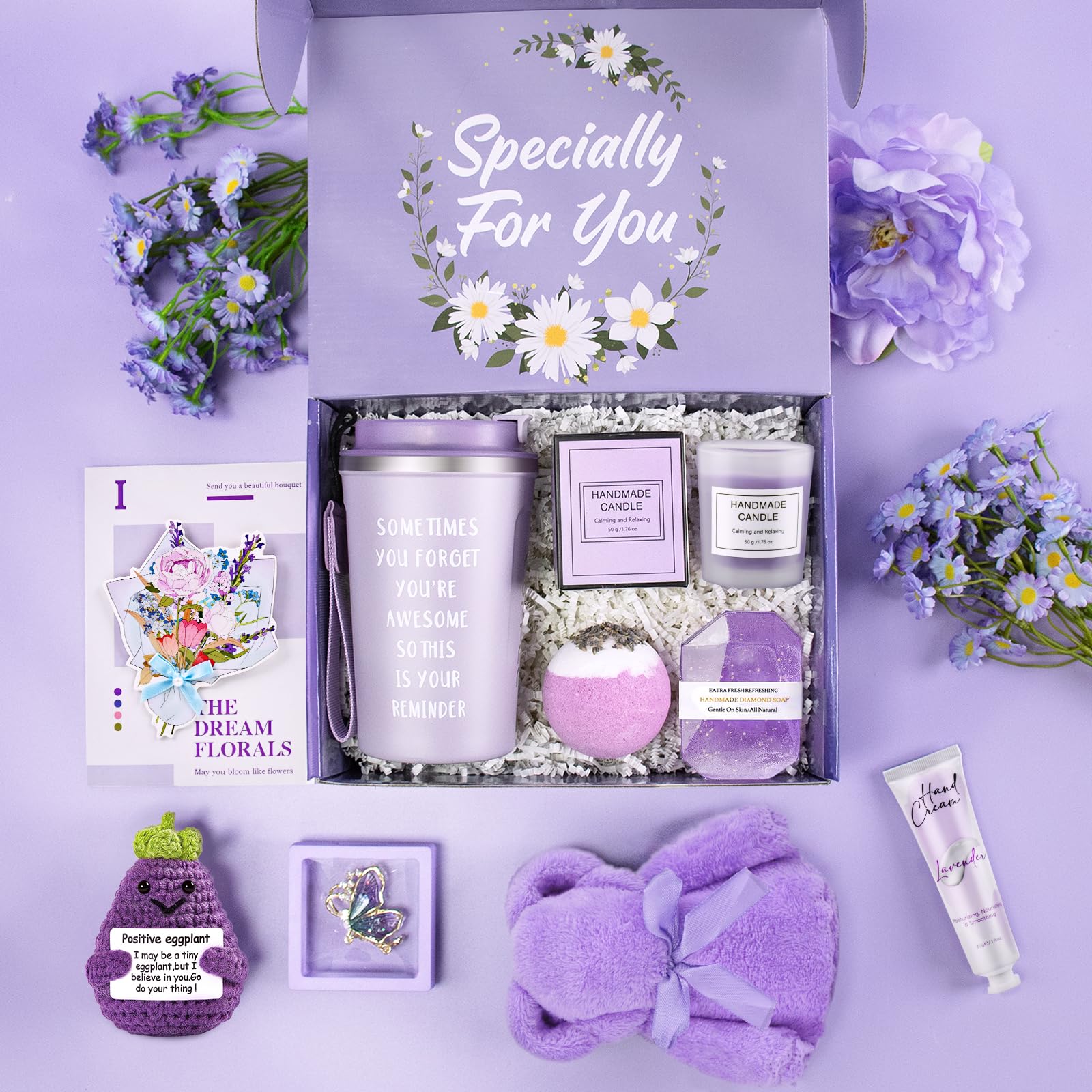 Lavender Spa Gift Set for Women - Relaxing Birthday, Christmas & Holiday Gifts for Her, Best Friend, Mom, Sister, Wife, Girlfriend or Coworker - Includes Emotional Support Eggplant Doll - Perfect for Self-Care, Stress Relief & Thoughtful Present Giving