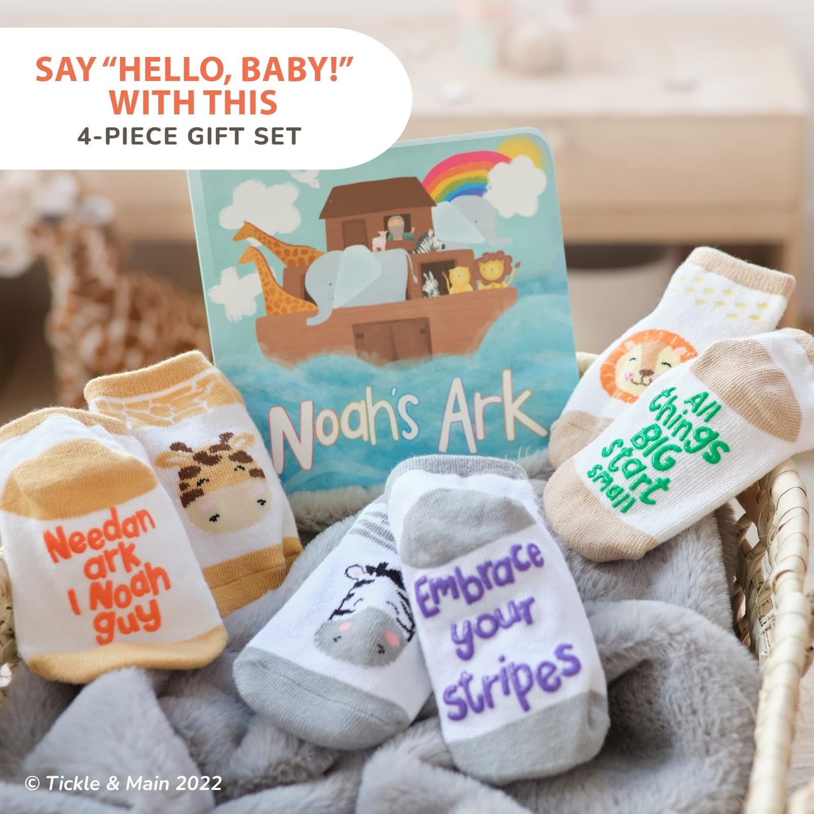 **Noah's Ark Baby Book & Animal Socks Set - 4-Piece Gift for Newborns 0-12 Months | Soft Storybook & 3 Pairs of Cute Socks | Perfect for Baptism, Baby Showers & Nursery Playtime**