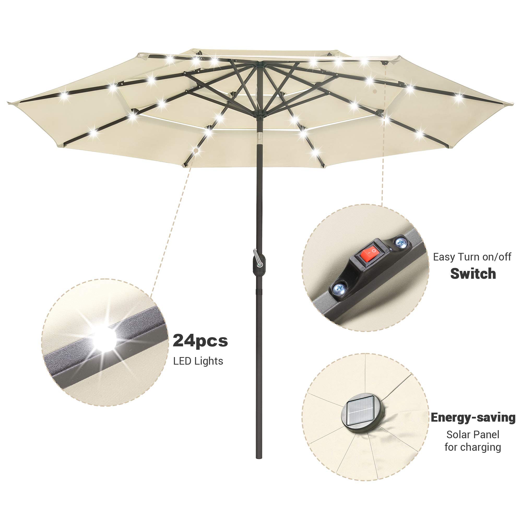 9ft 3-Tier Solar LED Patio Umbrella with Crank & Tilt - UV70+ Protection, Aluminum Frame for Outdoor Decks, Gardens & Poolside | Weather-Resistant, Solar-Powered Lighting