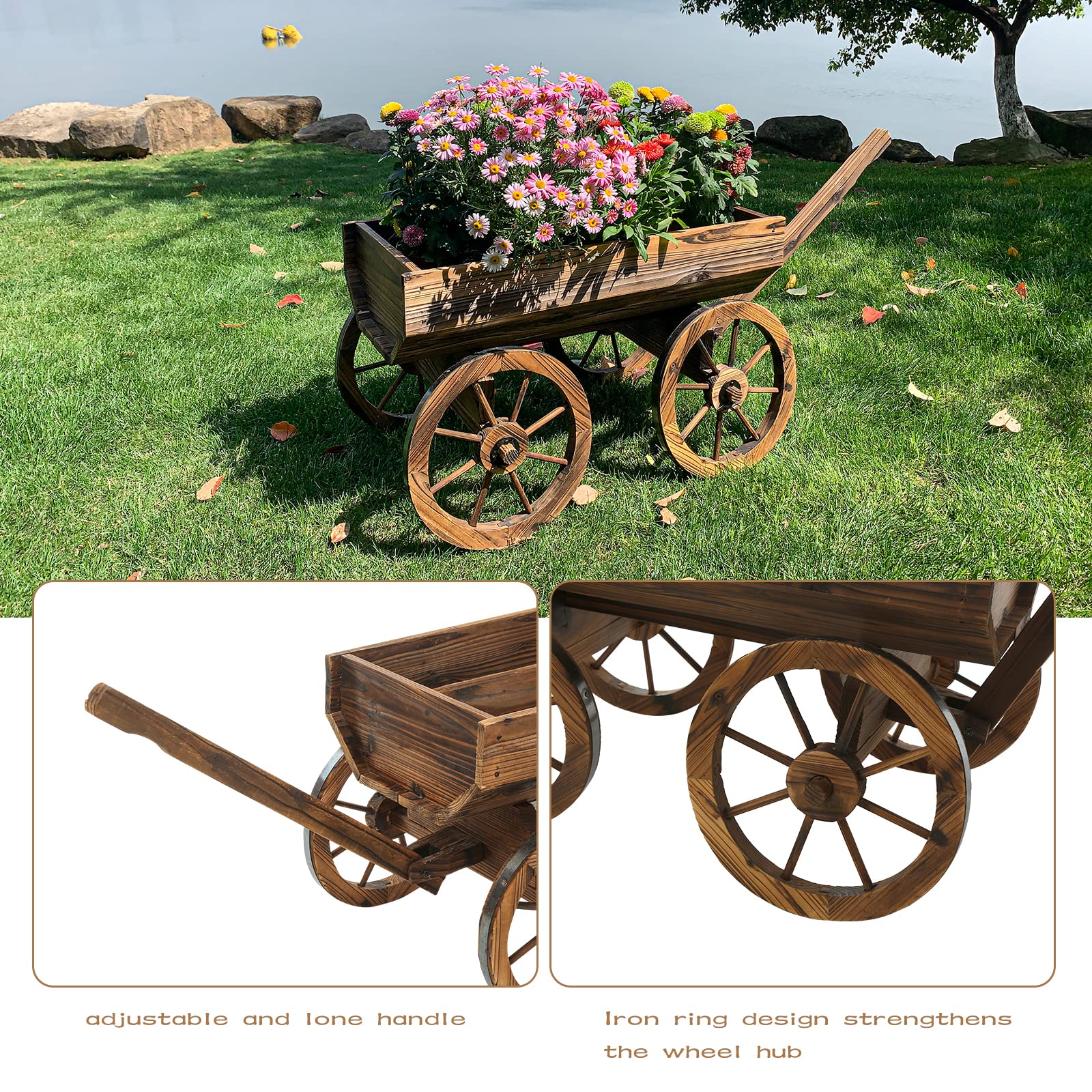 Rustic Wooden Wagon Planter with Wheels - Indoor/Outdoor Garden Decor for Flowers & Plants | Perfect for Backyard, Balcony, Patio & Farmhouse Style Decor
